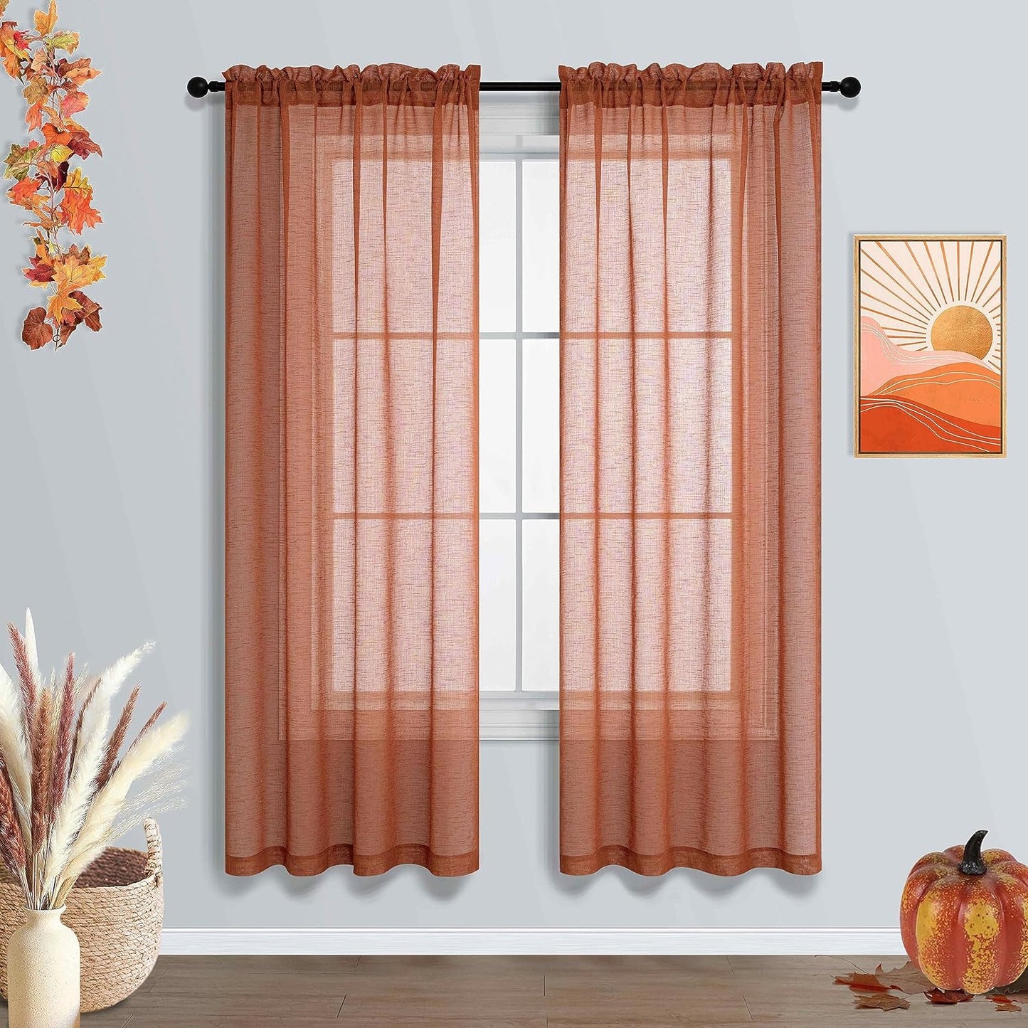 Burnt Orange Sheer Curtains 84 Inch Length for Bedroom 2 Panels Pumpkin Thanksgiving Day Rod Pocket Bohemian Semi Sheer Curtain Rustic Light Filtering Boho Curtains for Living Room 84 Inches Long  MRS.NATURALL TEXTILE Terracotta 42X63 