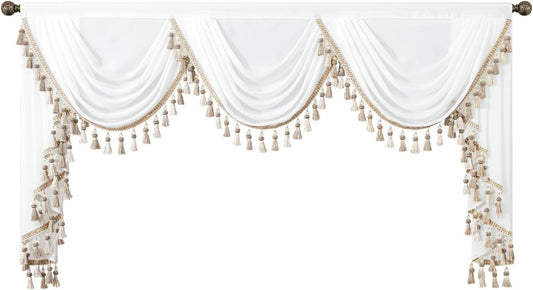 VOGOL Sheer White Bedroom Window Valance, 79 Inches Wide Luxury Soft Silky Waterfall Valances with Tassels for Hotel Wedding Party Decor, 1 Panel Sheer Drapery for Dining Room