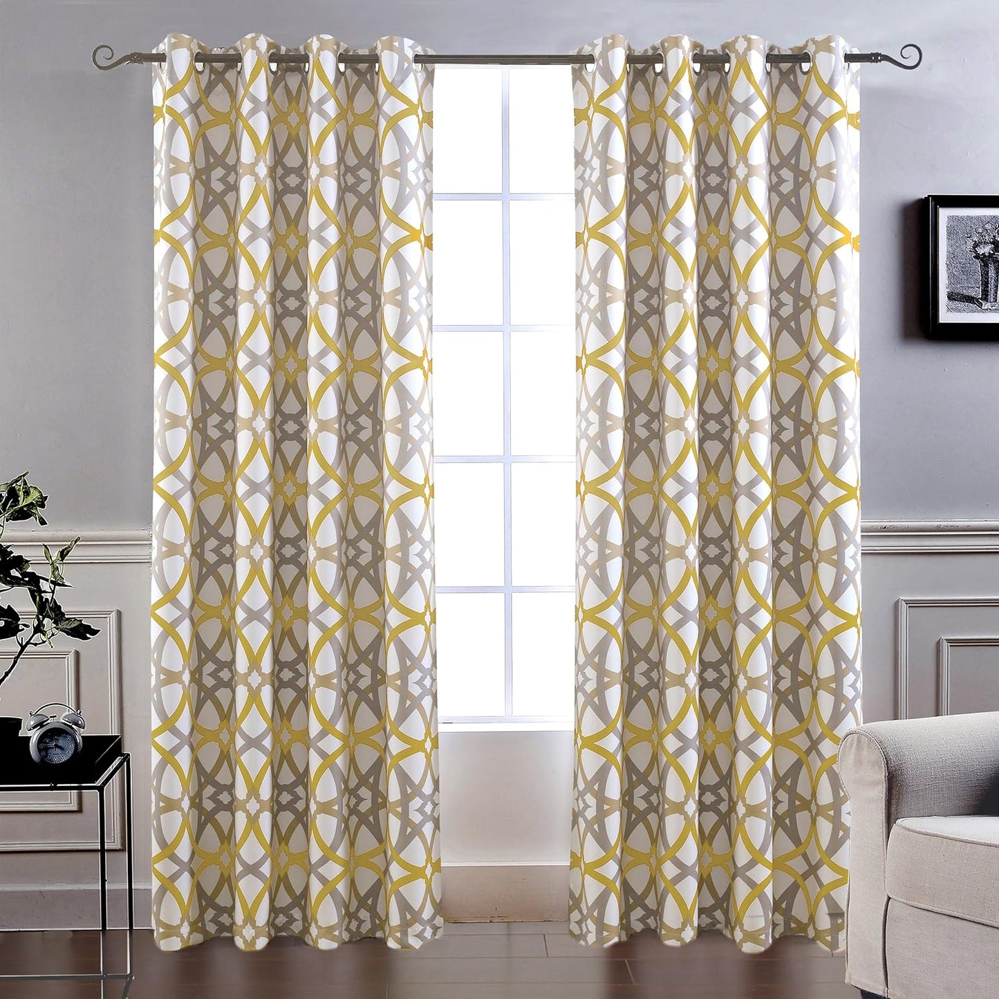 Driftaway Alexander Thermal Blackout Grommet Unlined Window Curtains Spiral Geo Trellis Pattern Set of 2 Panels Each Size 52 Inch by 84 Inch Red and Gray  DriftAway Golden Yellow/Gray 52"X84" 