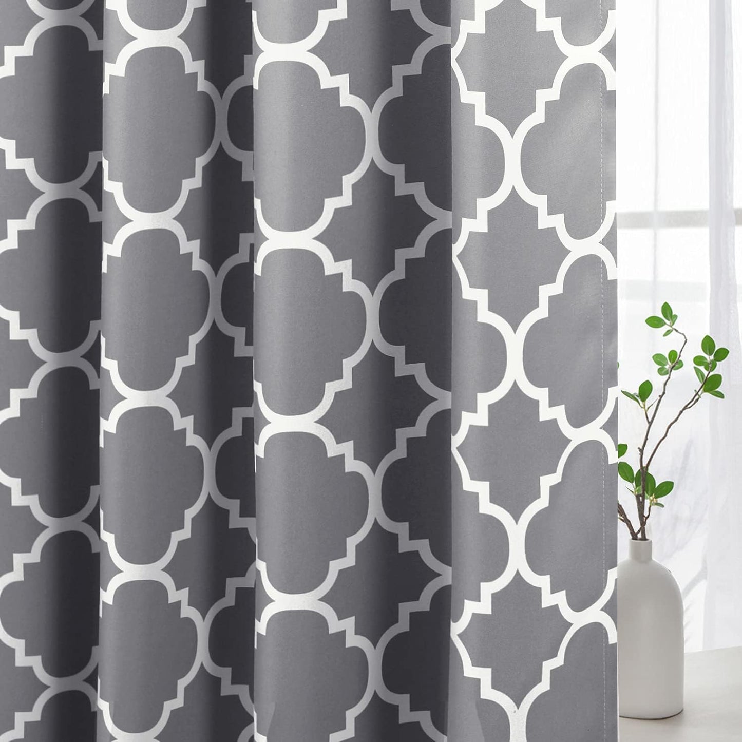 H.VERSAILTEX Extra Wide Blackout Curtain 100X84 Inches Thermal Insulated Curtain for Sliding Glass Door -Grommet Top Patio Door Curtain - Moroccan Tile Quatrefoil Pattern, Dove and White  H.VERSAILTEX Grey  White 52"W X 96"L 