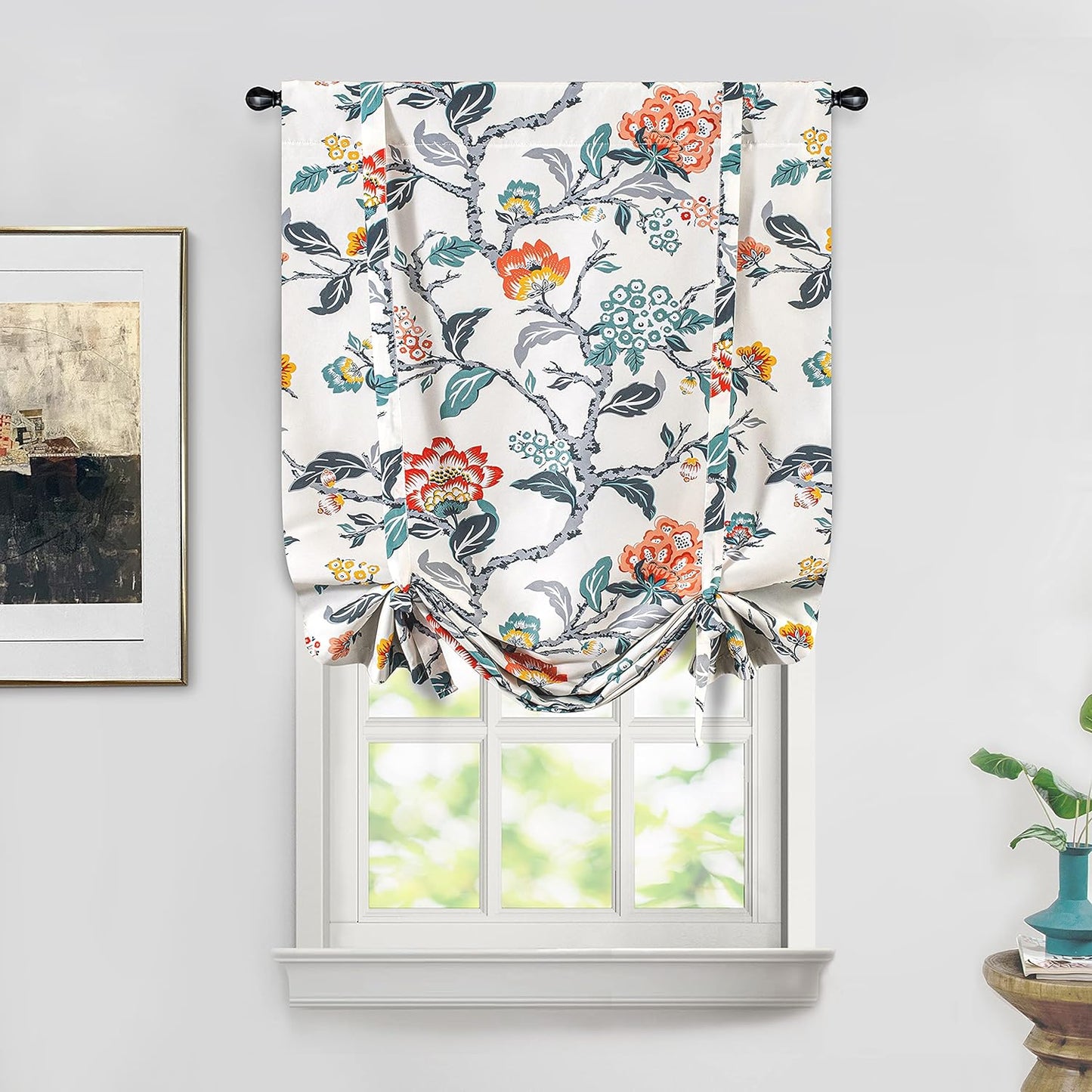 Driftaway Ada Botanical Print Lined Flower Leaf Tie up Curtain Thermal Insulated Privacy Blackout Window Adjustable Balloon Curtain Shade Rod Pocket Single 39 Inch by 55 Inch Ivory Orange Teal  DriftAway 1 25"X47" 