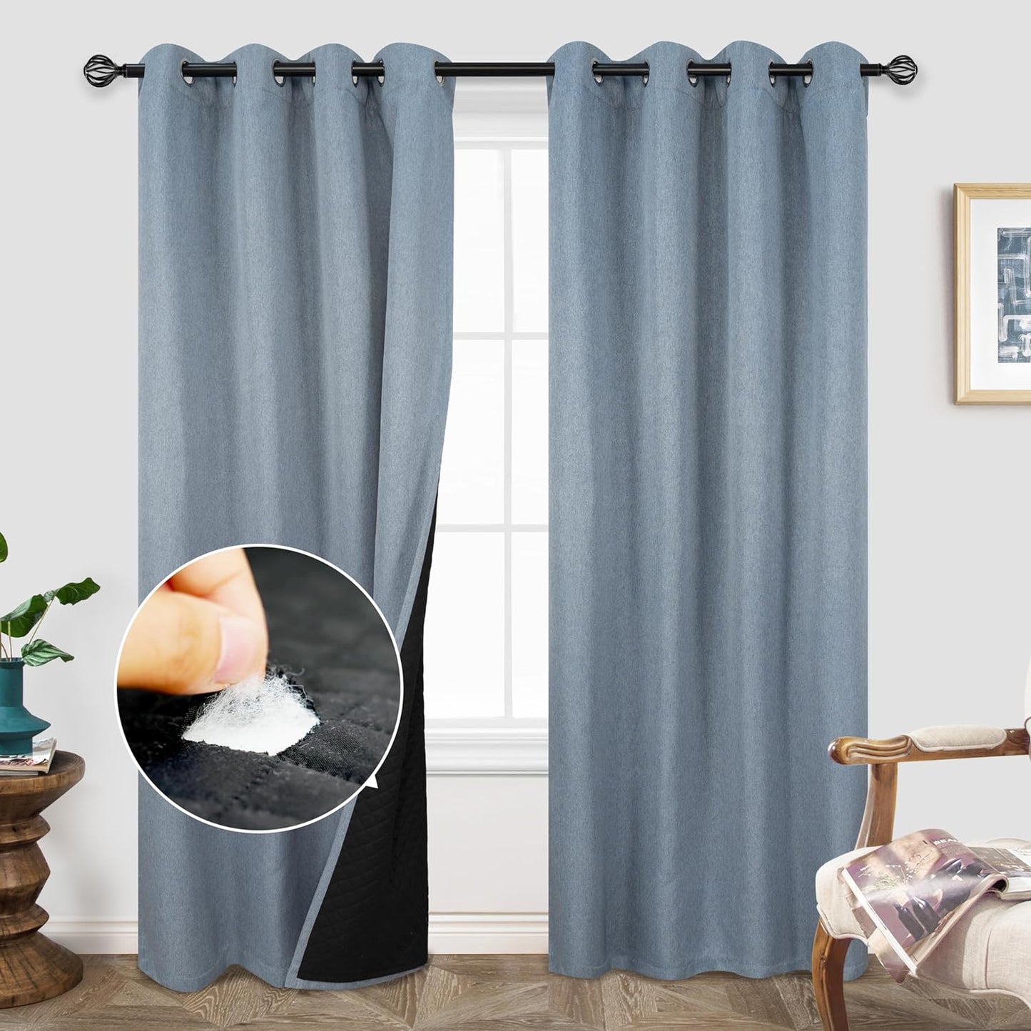 Driftaway Blackout Soundproof Thermal Insulated Linen Textured Curtains with Quilted Thermal Lining for Cold and Heat Blocking Noise Reducing Daytime Sleep 1 PC 52 Inches by 84 Inches White  DriftAway Dusty Blue 50"X84" 