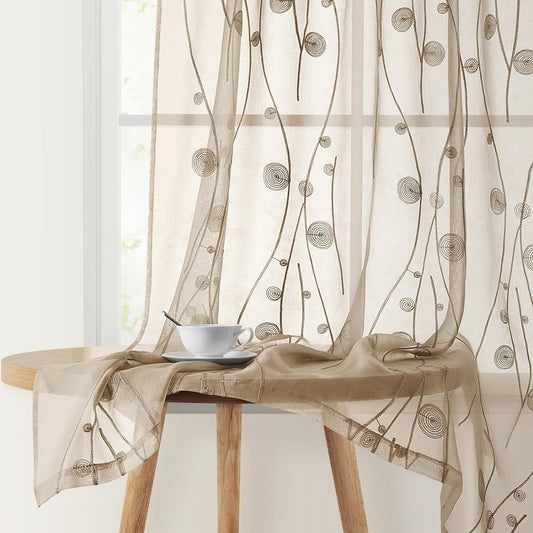 HOMEIDEAS Taupe Sheer Curtains 52 X 63 Inches Length 2 Panels Beige Embroidered Wave Line with Spiral Pattern Pocket Faux Linen Semi Sheer Voile Window Curtains/Drapes for Bedroom Living Room  HOMEIDEAS Taupe W52" X L96" 