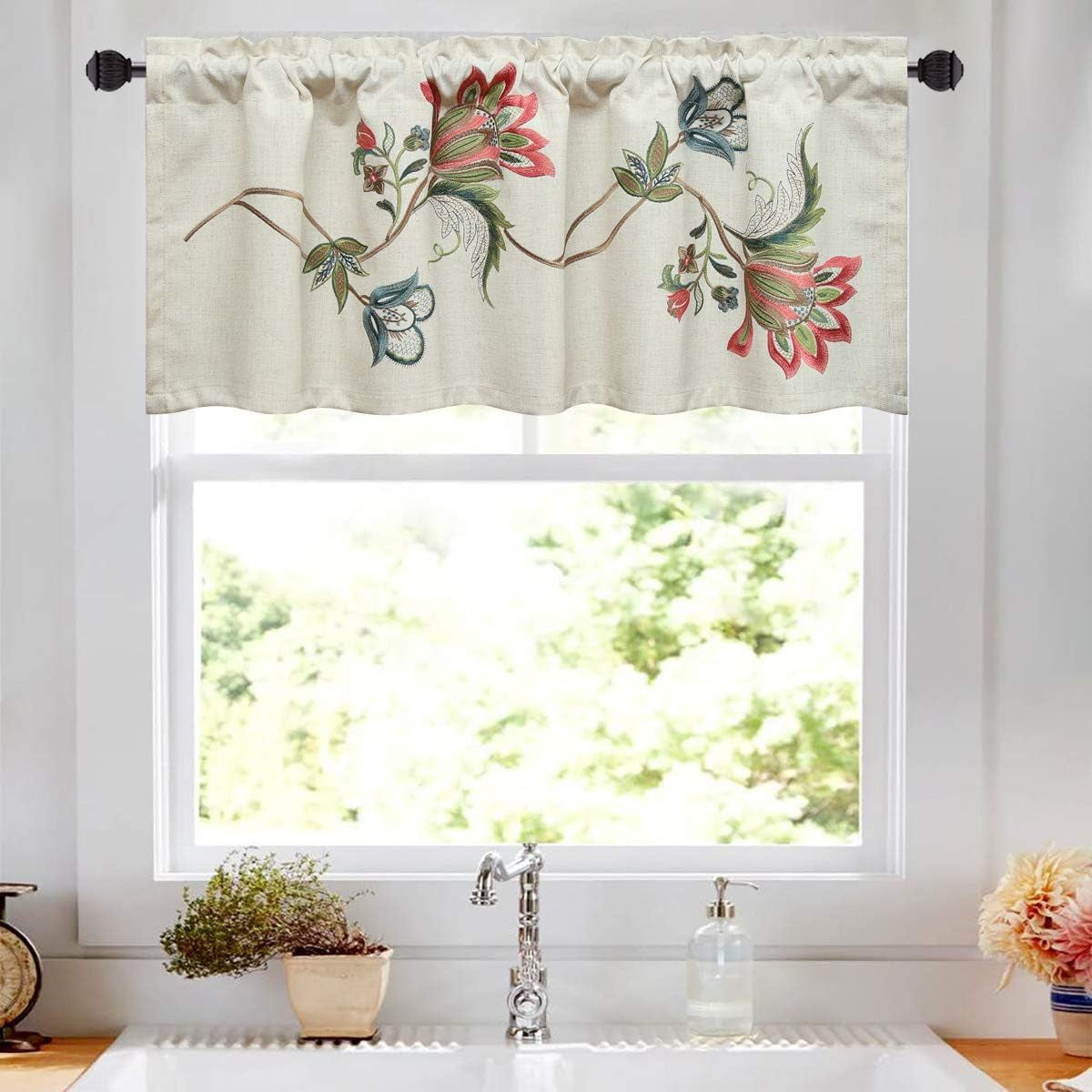 VOGOL Linen Valances for Living Room, Vintage Floral Valance for Bedroom, Rod Pocket Valance Curtains for Dining Room, 52''W X 18''L, One Panel, Flower Embroidery  YouYee   