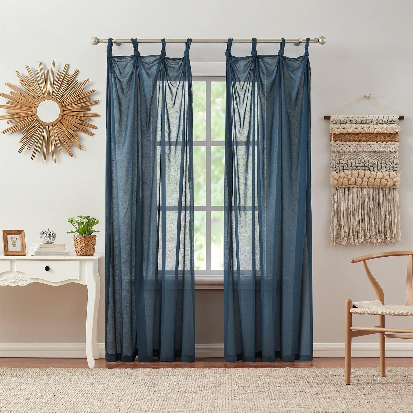Indigo Ink - Window Curtain, Gauzy Knotted Tie Top Sheer Curtain Panel, Boho Home Decor (Mia White, 70" X 95")  Victoria Classics Mia Blue 70" X 95" 