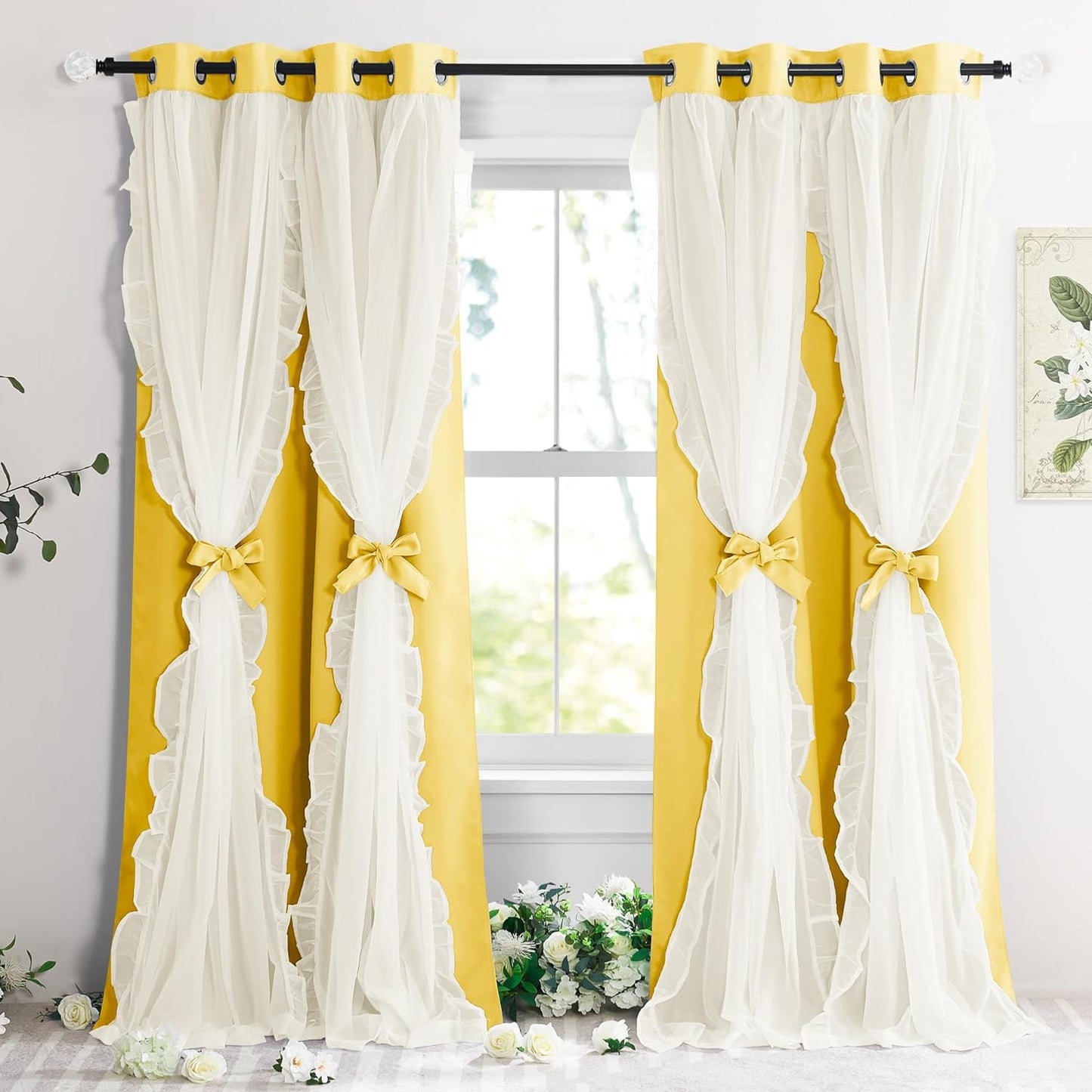 PONY DANCE Blackout Curtains for Living Room Decor Window Treatment Double Layer Drapes Ruffle Sheer Overlay Farmhouse Rustic Design, W 52 X L 84 Inches, Sage Green, 2 Panels  PONY DANCE Lemon Yellow 52" X 84" 