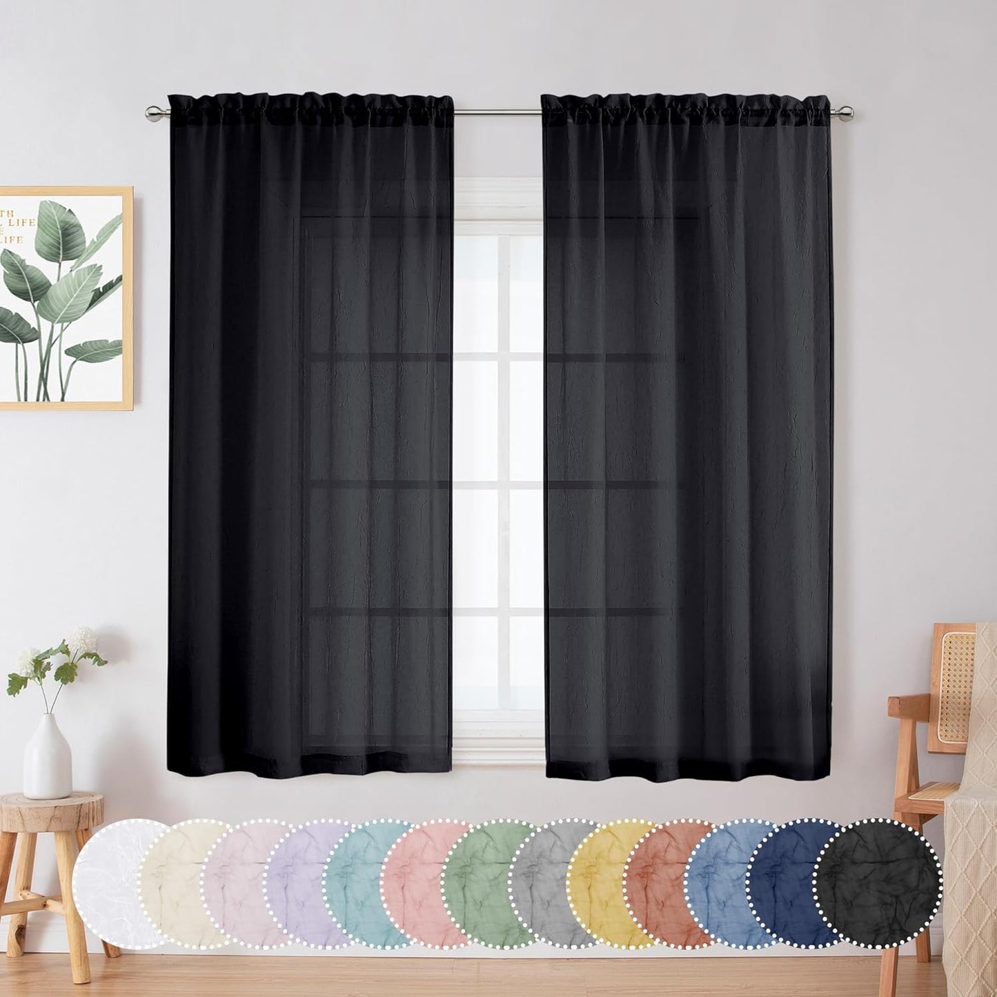 Chyhomenyc Crushed White Sheer Valances for Window 14 Inch Length 2 PCS, Crinkle Voile Short Kitchen Curtains with Dual Rod Pockets，Gauzy Bedroom Curtain Valance，Each 42Wx14L Inches  Chyhomenyc Black 28 W X 54 L 