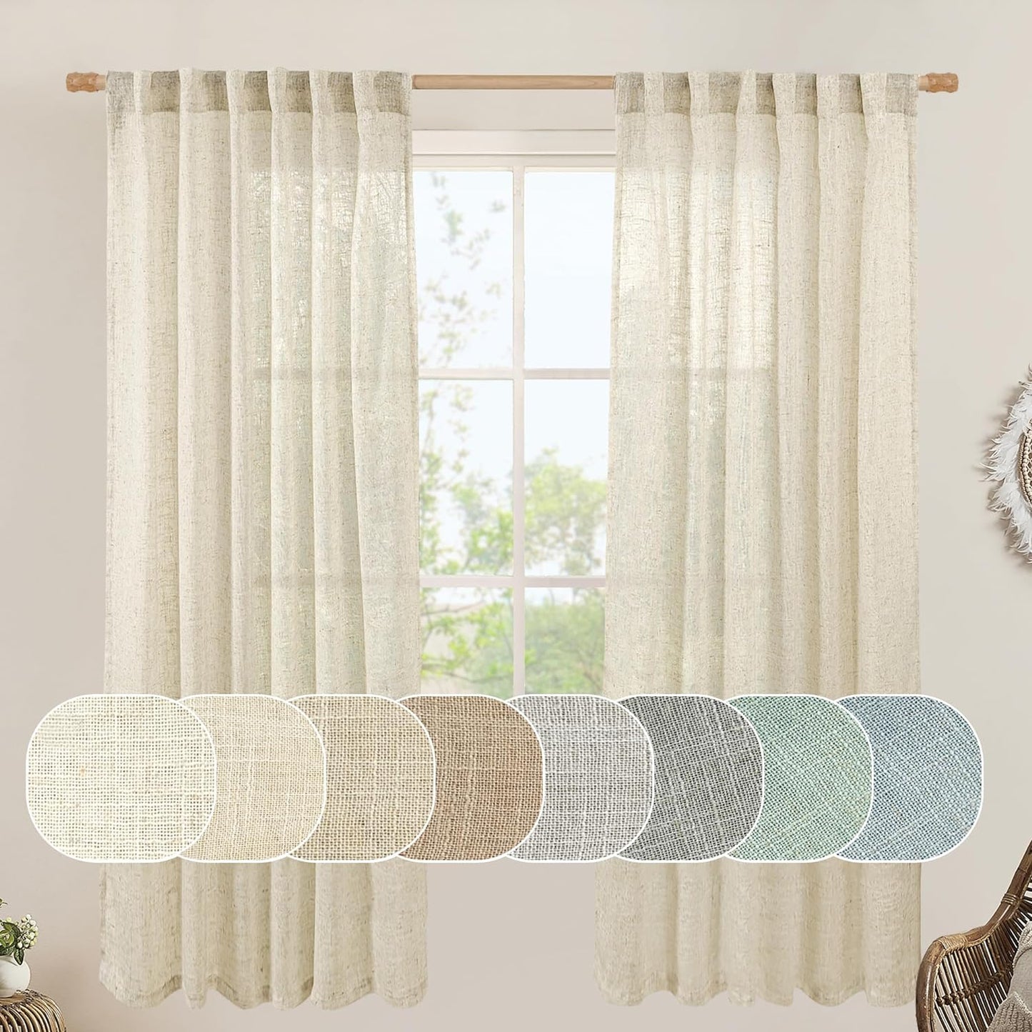 LAMIT Natural Linen Blended Curtains for Living Room, Back Tab and Rod Pocket Semi Sheer Curtains Light Filtering Country Rustic Drapes for Bedroom/Farmhouse, 2 Panels,52 X 108 Inch, Linen  LAMIT Beige 52W X 72L 
