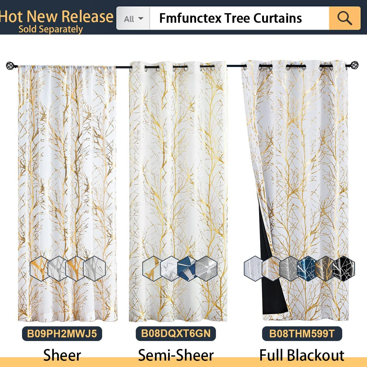 FMFUNCTEX Gold Branch White Sheer Curtains for Living Room 95" Length Metallic Print Tree Curtain Panels for Bedroom Window Drapes Light Filtering 2 Pcs Rod Pocket  Fmfunctex   