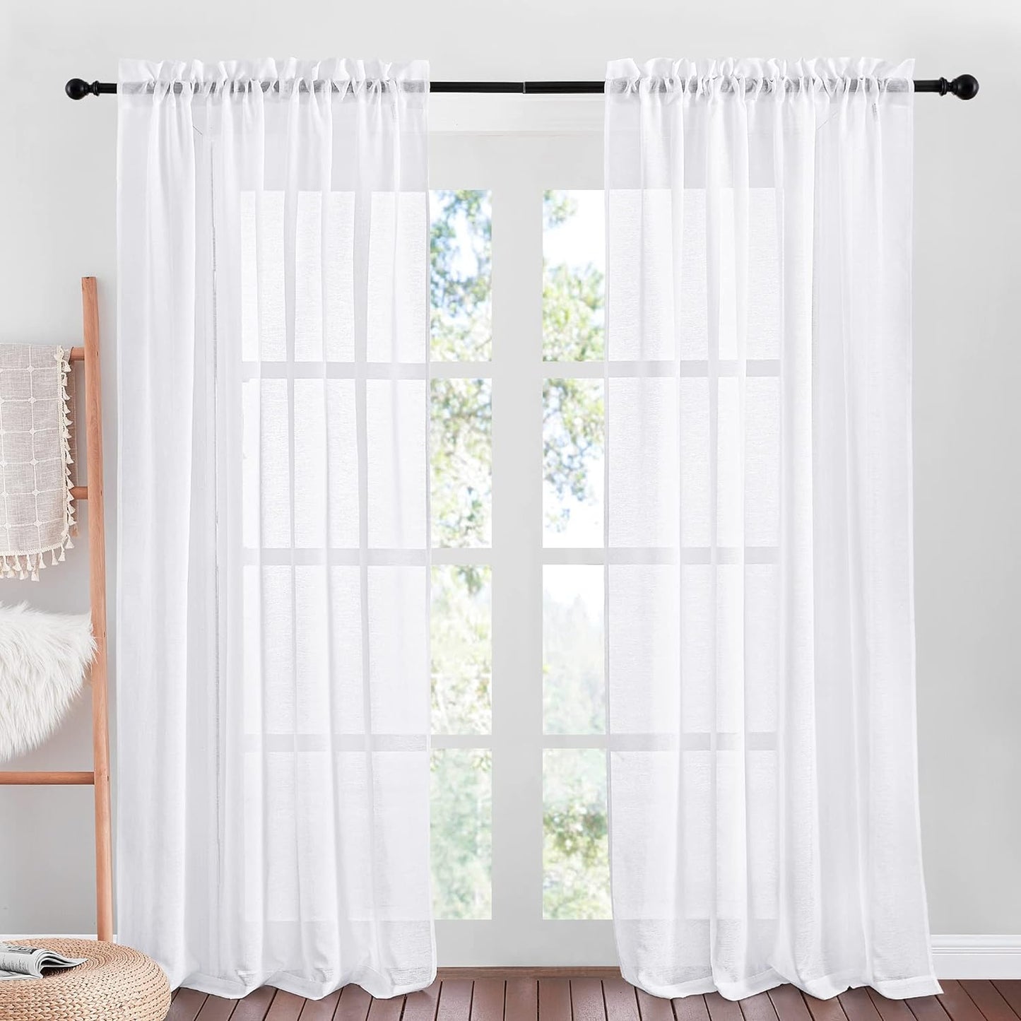 NICETOWN White Semi Sheer Curtains for Living Room- Linen Texture Light Airy Drapes, Rod Pocket & Back Tab Design Voile Panels for Large Window, Set of 2, 55 X 108 Inch  NICETOWN White - Rod Pocket Only W55 X L84 
