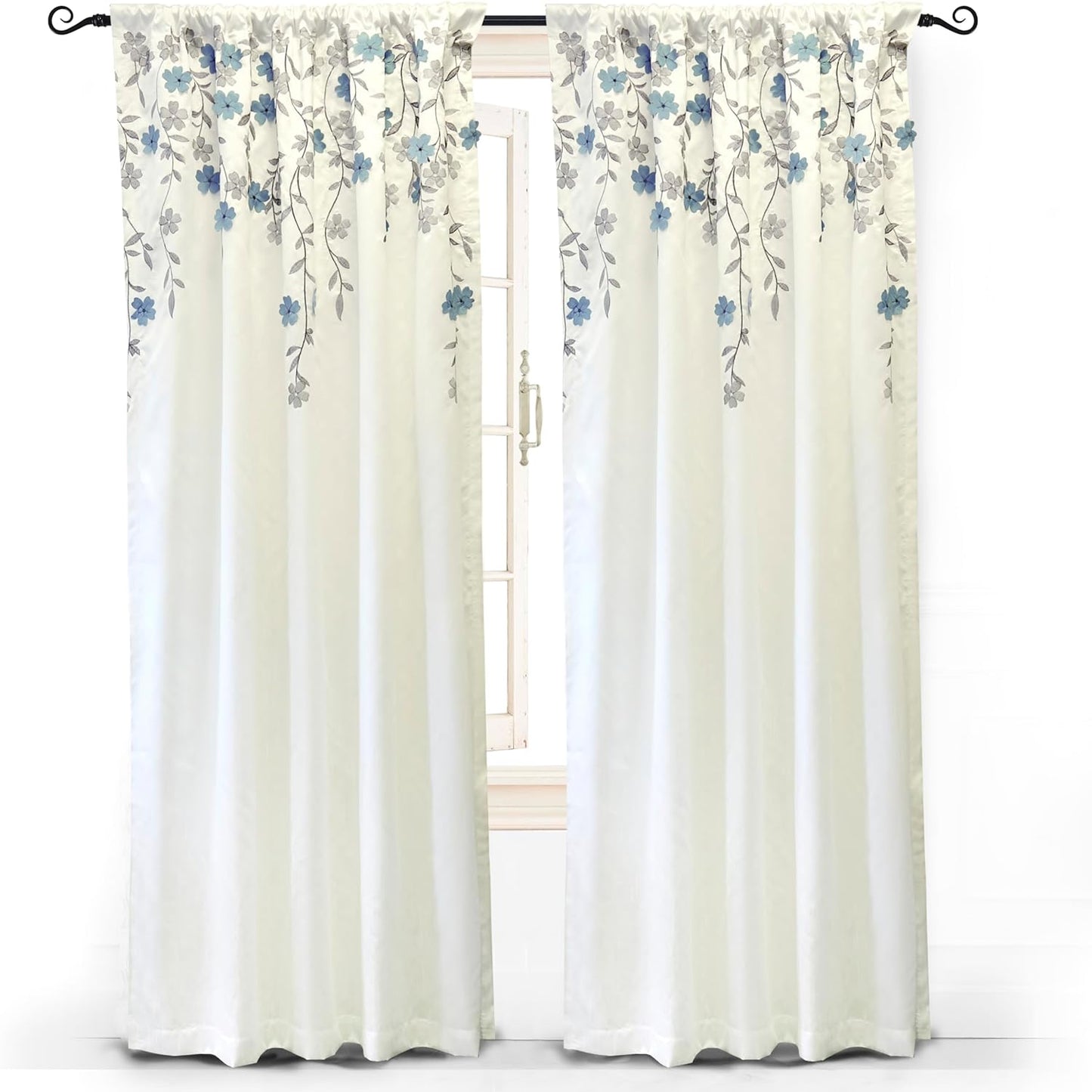 Driftaway Aubree Weeping Flower Print Thermal Room Darkening Privacy Window Curtain for Bedroom Living Room Rod Pocket 2 Panels 52 Inch by 84 Inch Blue  DriftAway One Panel Ivory Blue 50"X108" 