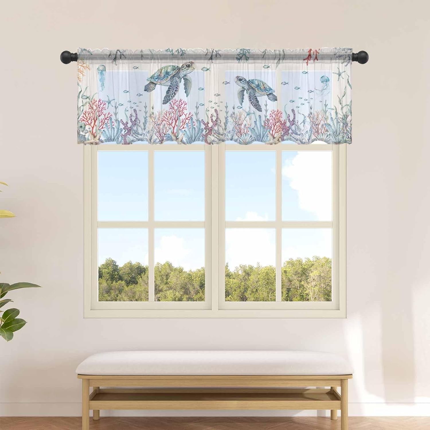 Oecan Sea Turtle Valance Curtains for Kitchen/Living Room/Bathroom/Bedroom Window,Rod Pocket Small Topper Half Short Window Curtains Voile Sheer Scarf, Coral Seaweed Blue White Watercolor 42"X12"