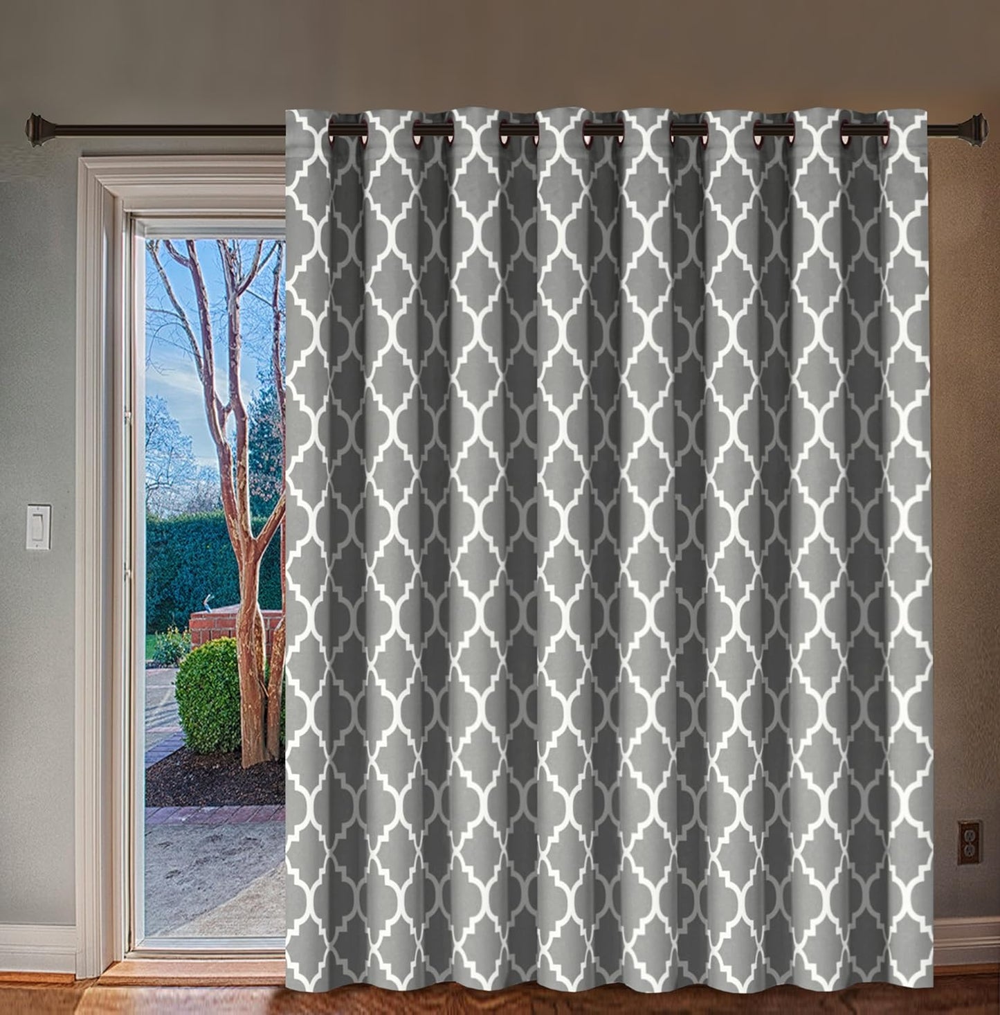 H.VERSAILTEX Extra Wide Blackout Curtain 100X84 Inches Thermal Insulated Curtain for Sliding Glass Door -Grommet Top Patio Door Curtain - Moroccan Tile Quatrefoil Pattern, Dove and White  H.VERSAILTEX Dove  White 100"W X 84"L 