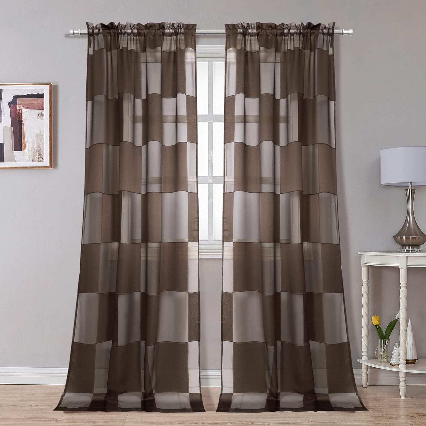OVZME Sage Green Sheer Bedroom Curtains 84 Inch Length 2 Panels Set, Dual Rod Pocket Clip Checkered Window Curtains for Living Room, Light Filtering & Privacy Sheer Green Drapes, Each 42W X 84L  OVZME Brown 42W X 108L 