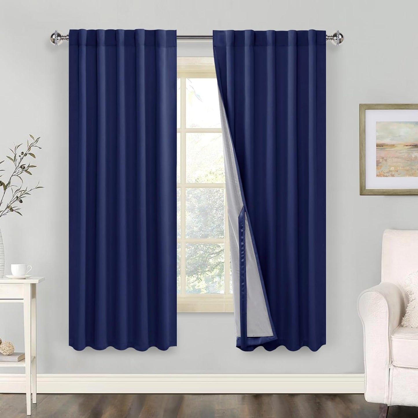 100% Blackout Curtains 2 Panels with Tiebacks- Heat and Full Light Blocking Window Treatment with Black Liner for Bedroom/Nursery, Rod Pocket & Back Tab，White, W52 X L84 Inches Long, Set of 2  XWZO Navy Blue W42" X L63"|2 Panels 