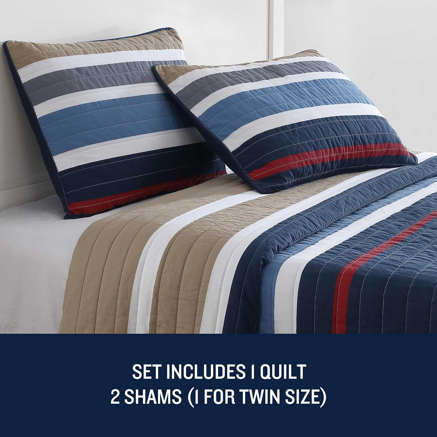 Nautica - Twin Quilt Set, Reversible Cotton Bedding with Matching Sham, Bold & Colorful Home Decor for All Seasons (Bradford Navy Blue, Twin)