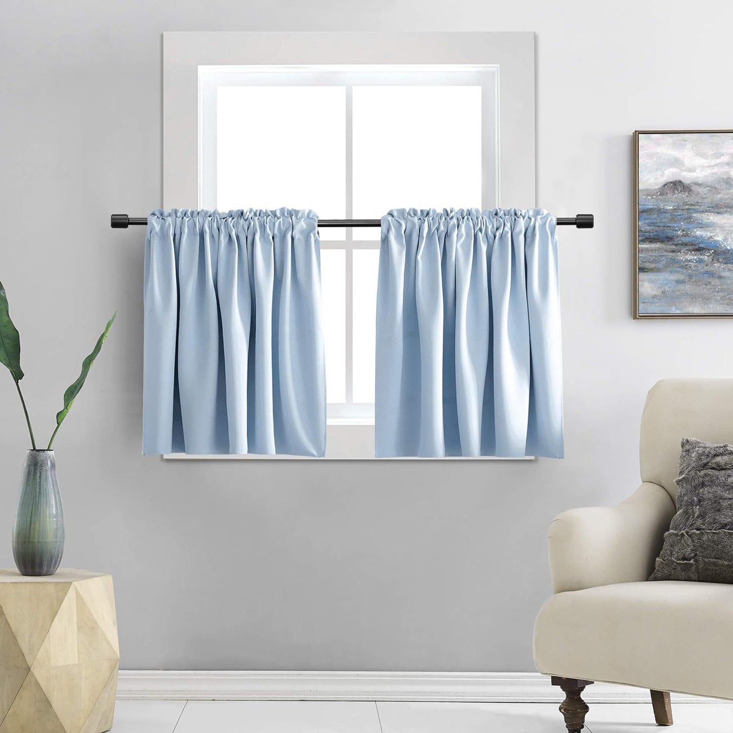 DONREN 24 Inch Length Curtains- 2 Panels Blackout Thermal Insulating Small Curtain Tiers for Bathroom with Rod Pocket (Black,42 Inch Width)  DONREN Light Blue 52" X 36" 