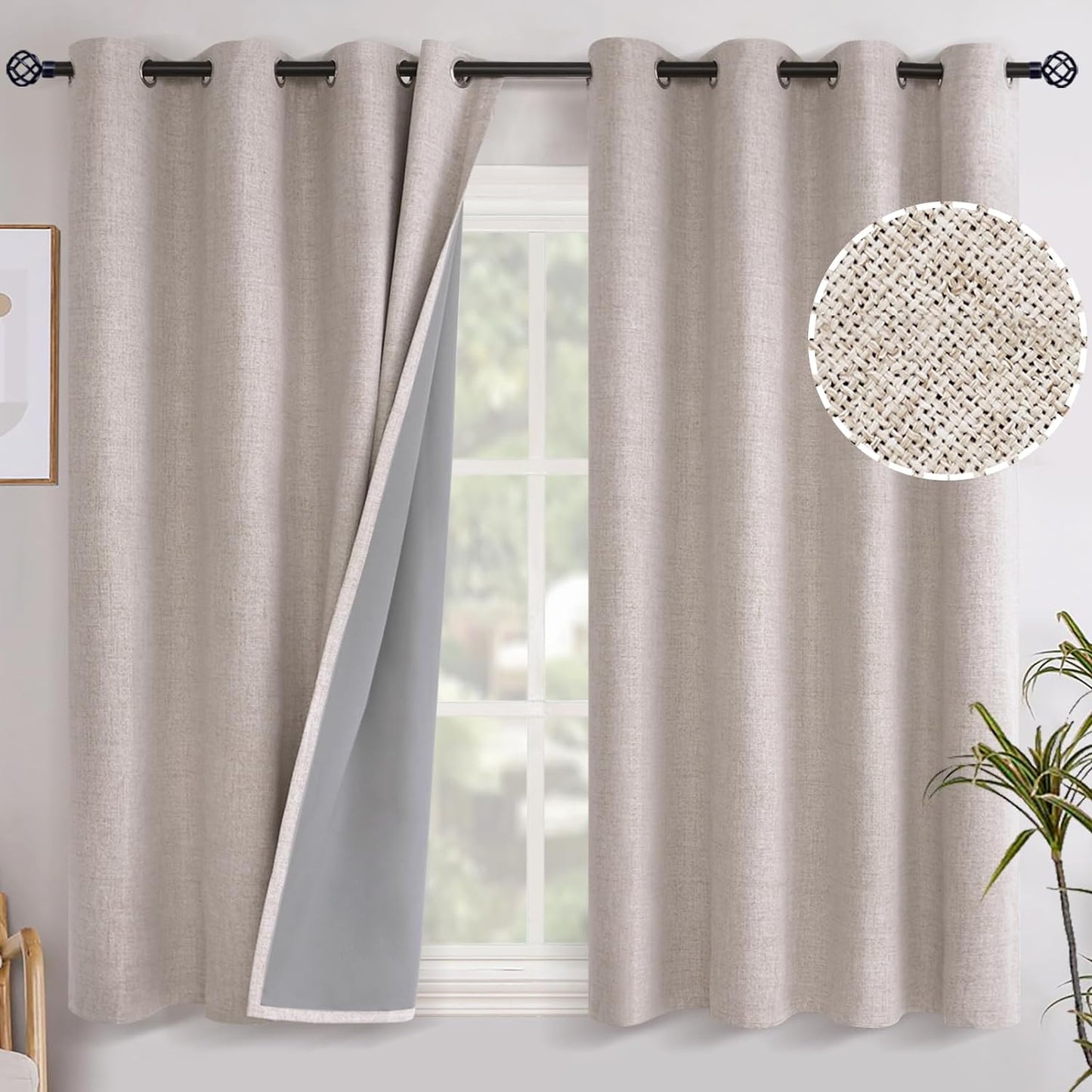 Youngstex Linen Blackout Curtains 63 Inch Length, Grommet Darkening Bedroom Curtains Burlap Linen Window Drapes Thermal Insulated for Basement Summer Heat, 2 Panels, 52 X 63 Inch, Beige  YoungsTex Beige 52W X 45L 