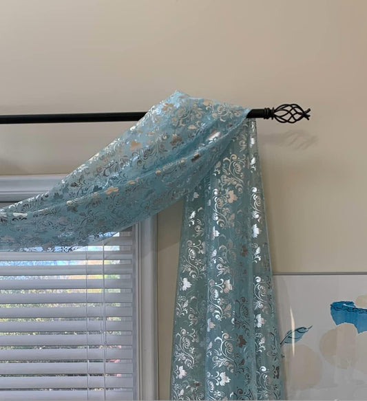 Metallic Sheer Carf Curtains 6 Yards Window Scarf Valance (Blue Sheer/Silver Leaf, 50W X 216L)