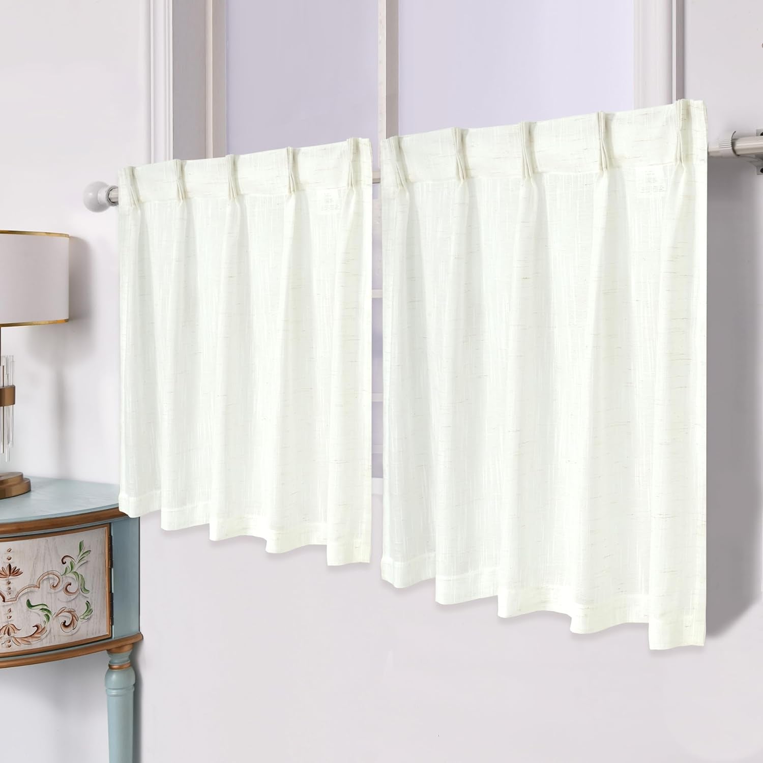 Driftaway Pinch Pleat Kitchen Curtains Linen Textured Short Linen Curtains for Bathroom Laundry Room Cafe Curtains Half Window Curtains 2 Panels Farmhouse Rustic Back Tabs 30 X 36 Inches Ivory Birch  DriftAway   