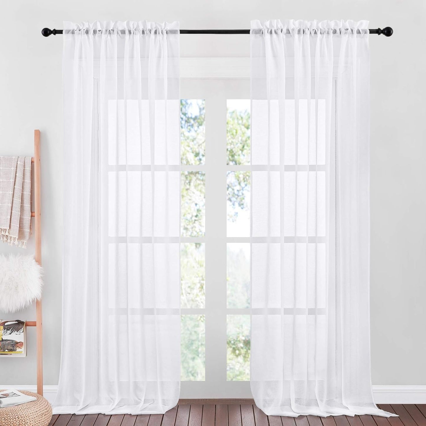 NICETOWN White Semi Sheer Curtains for Living Room- Linen Texture Light Airy Drapes, Rod Pocket & Back Tab Design Voile Panels for Large Window, Set of 2, 55 X 108 Inch  NICETOWN White - Rod Pocket Only W55 X L95 