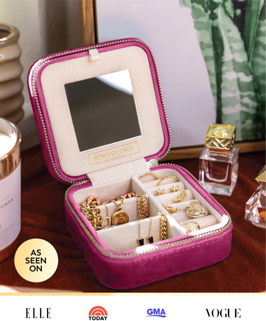 Benevolence LA Plush Velvet Jewelry Box | Travel Jewelry Case Organizer with Mirror | Featured in Oprah'S Favorite Things | Best Gifts for Daughter, Girlfriend, Mom | Gifts for Her - Magenta