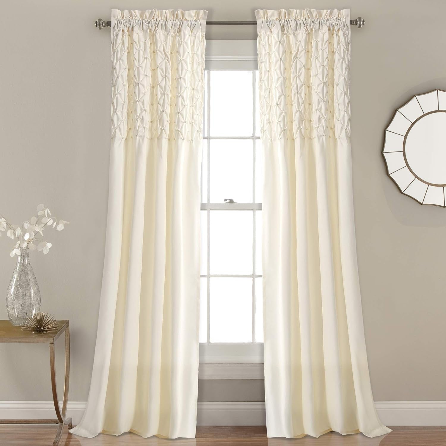 Lush Decor Bayview Curtains-Pintuck Textured Semi Sheer Window Panel Drapes Set for Living, Dining, Bedroom (Pair), 54" W X 84" L, White  Triangle Home Fashions Ivory 54"W X 84"L 