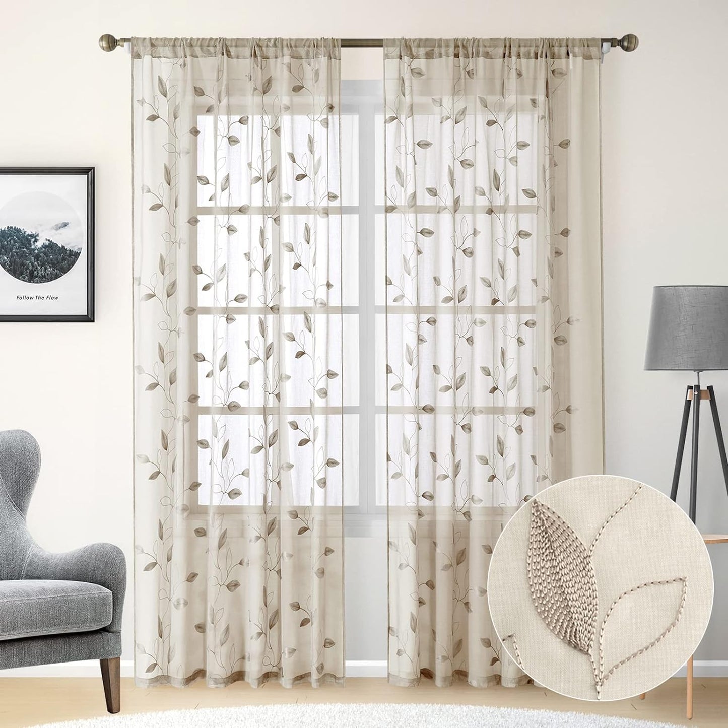 HOMEIDEAS Sage Green Sheer Curtains 52 X 63 Inches Length 2 Panels Embroidered Leaf Pattern Pocket Faux Linen Floral Semi Sheer Voile Window Curtains/Drapes for Bedroom Living Room  HOMEIDEAS 2-Taupe/Beige W52" X L84" 