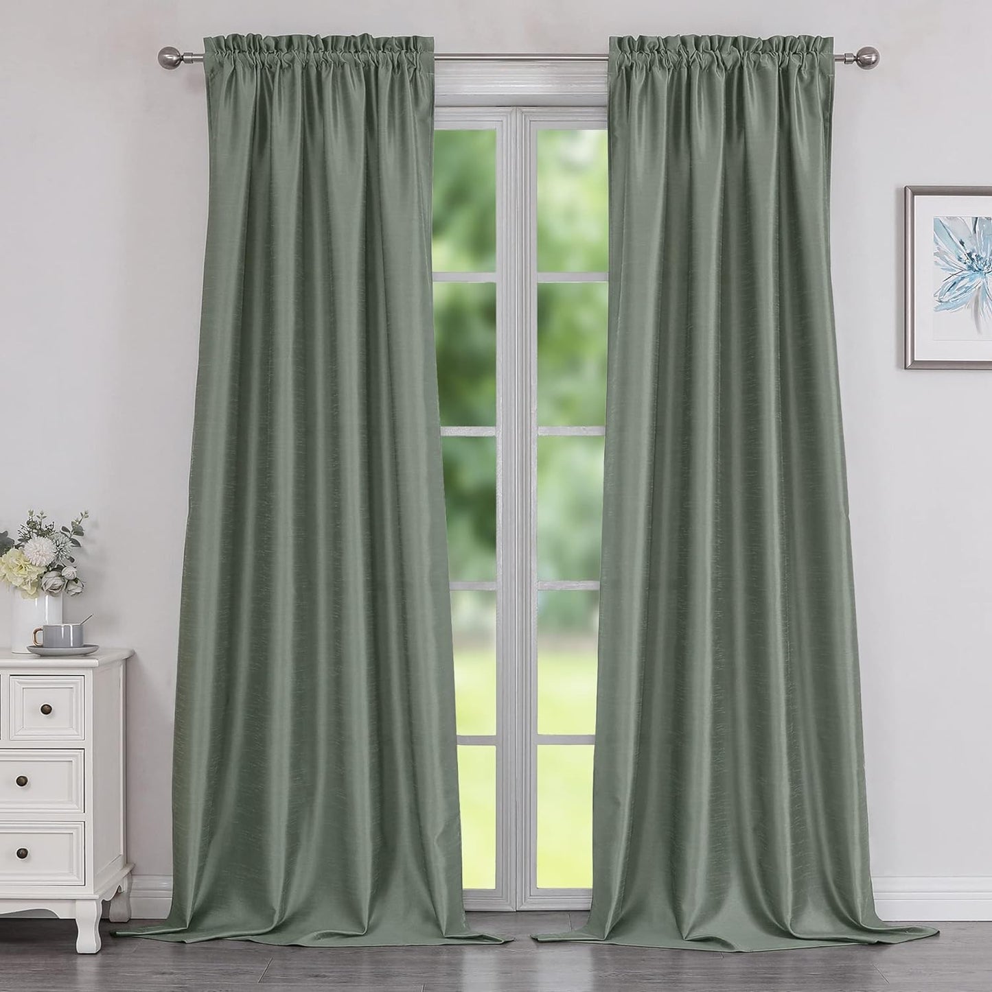 Chyhomenyc Uptown Sage Green Kitchen Curtains 45 Inch Length 2 Panels, Room Darkening Faux Silk Chic Fabric Short Window Curtains for Bedroom Living Room, Each 30Wx45L  Chyhomenyc Sage Green 2X40"Wx96"L 