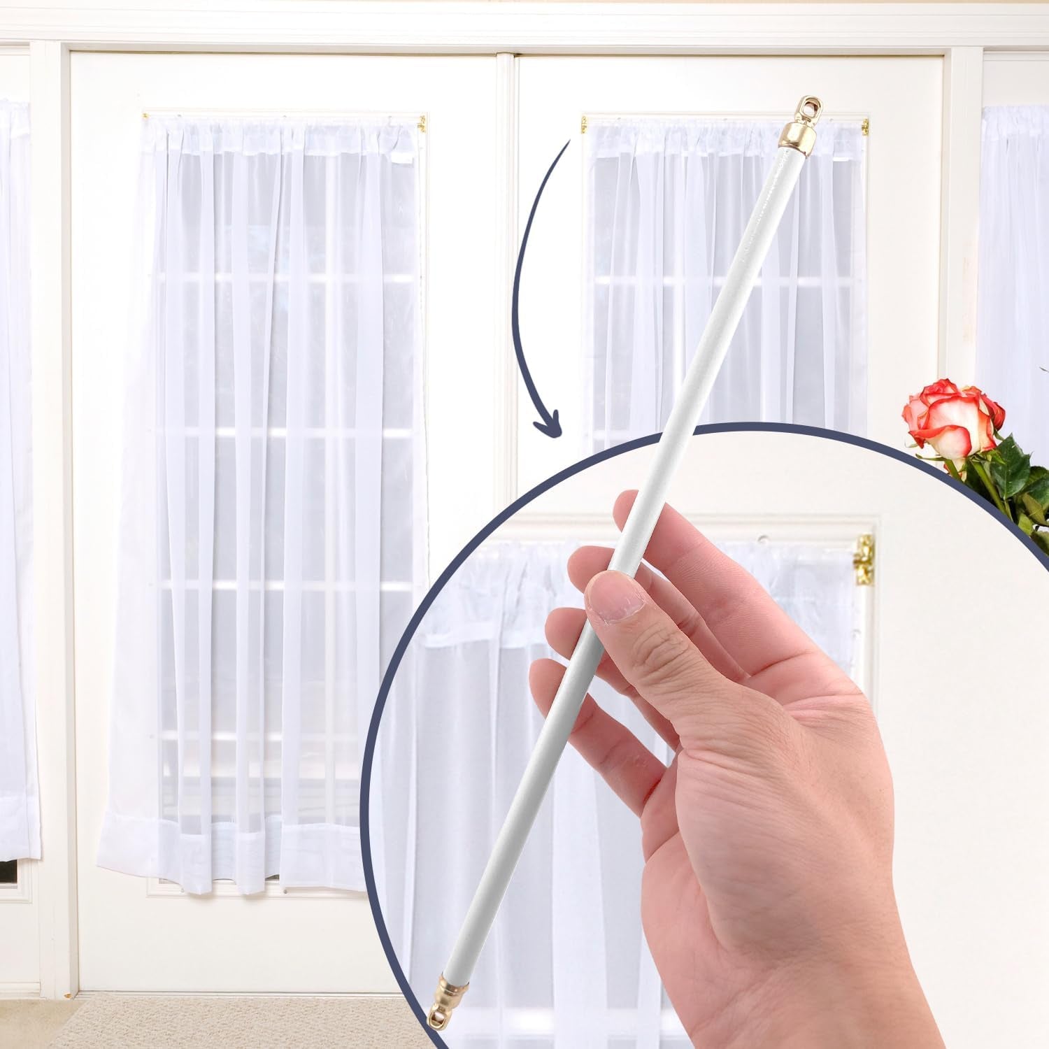 Amazing Drapery Hardware White Swivel Sash Curtain Rods with Brass Ends, Set of 4 (Hardware Included) - Adjustable Length 21-38 Inches, Easy to Install Metal Rods for Doors, Windows, and Sidelights