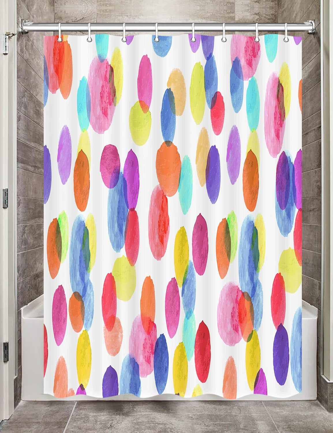 Kids Rainbow Shower Curtain for Bathroom, Colorful Geometric Cute Polka Dot Fabric Shower Curtains Set, White Modern Restroom Decor Accessories with Hooks 72X72Inches