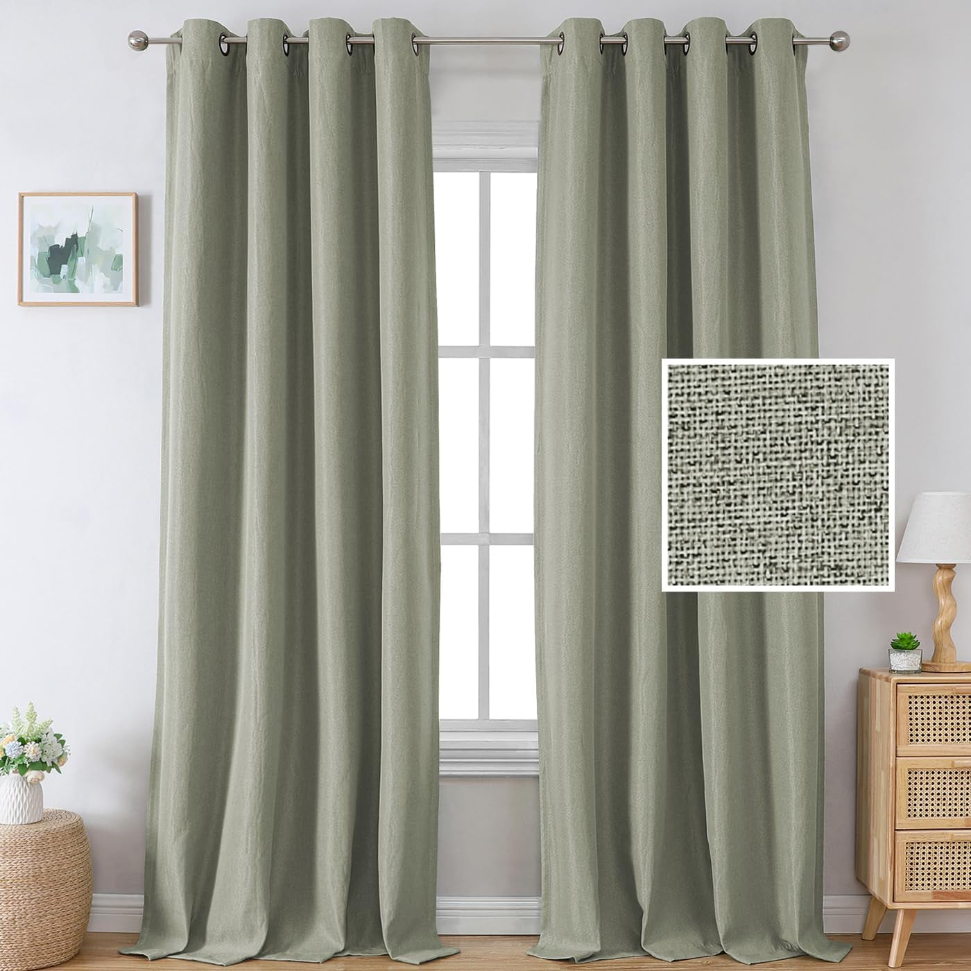 H.VERSAILTEX Linen Blackout Curtains 84 Inches Long Thermal Insulated Room Darkening Linen Curtains for Bedroom Textured Burlap Grommet Window Curtains for Living Room, Bluestone and Taupe, 2 Panels  H.VERSAILTEX Sage 52"W X 96"L 