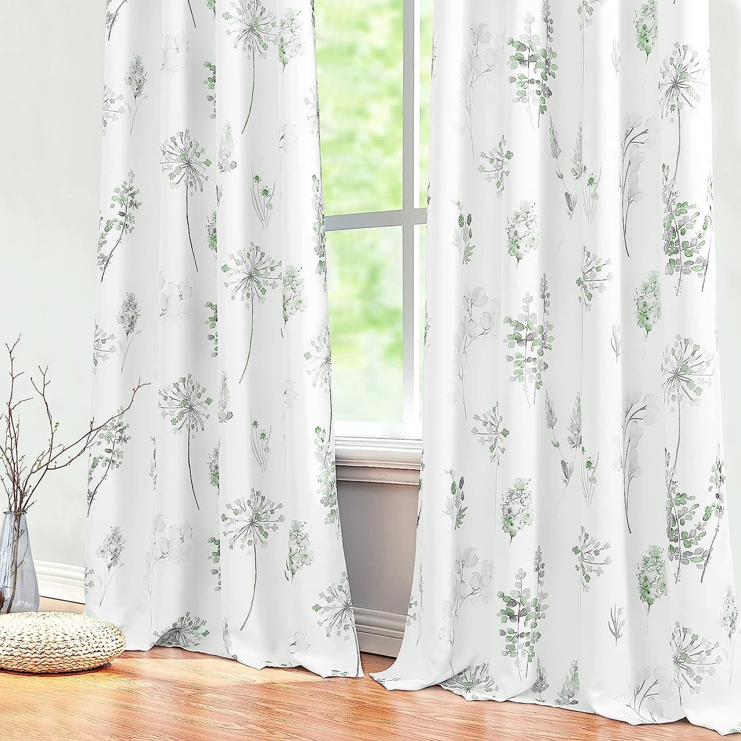 XTMYI 63 Inch Length Sage Green Window Curtains for Bedroom 2 Panels,Room Darkening Watercolor Floral Leaves 80% Blackout Flowered Printed Curtains for Living Room with Grommet,1 Pair Set  XTMYI Green  Grey 52"X84" 