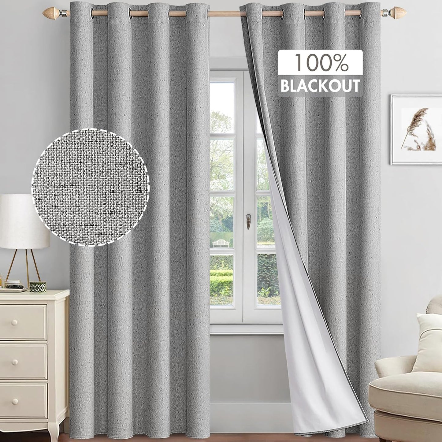 MIULEE Linen Textured 100% Blackout Curtains for Bedroom 84 Inches Long Natural Beige Thermal Insulated Black Out Curtains/Draperies with White Liner for Living Room/Nursery, Grommet Top, 2 Panels  MIULEE Dove Gray W52Xl90 