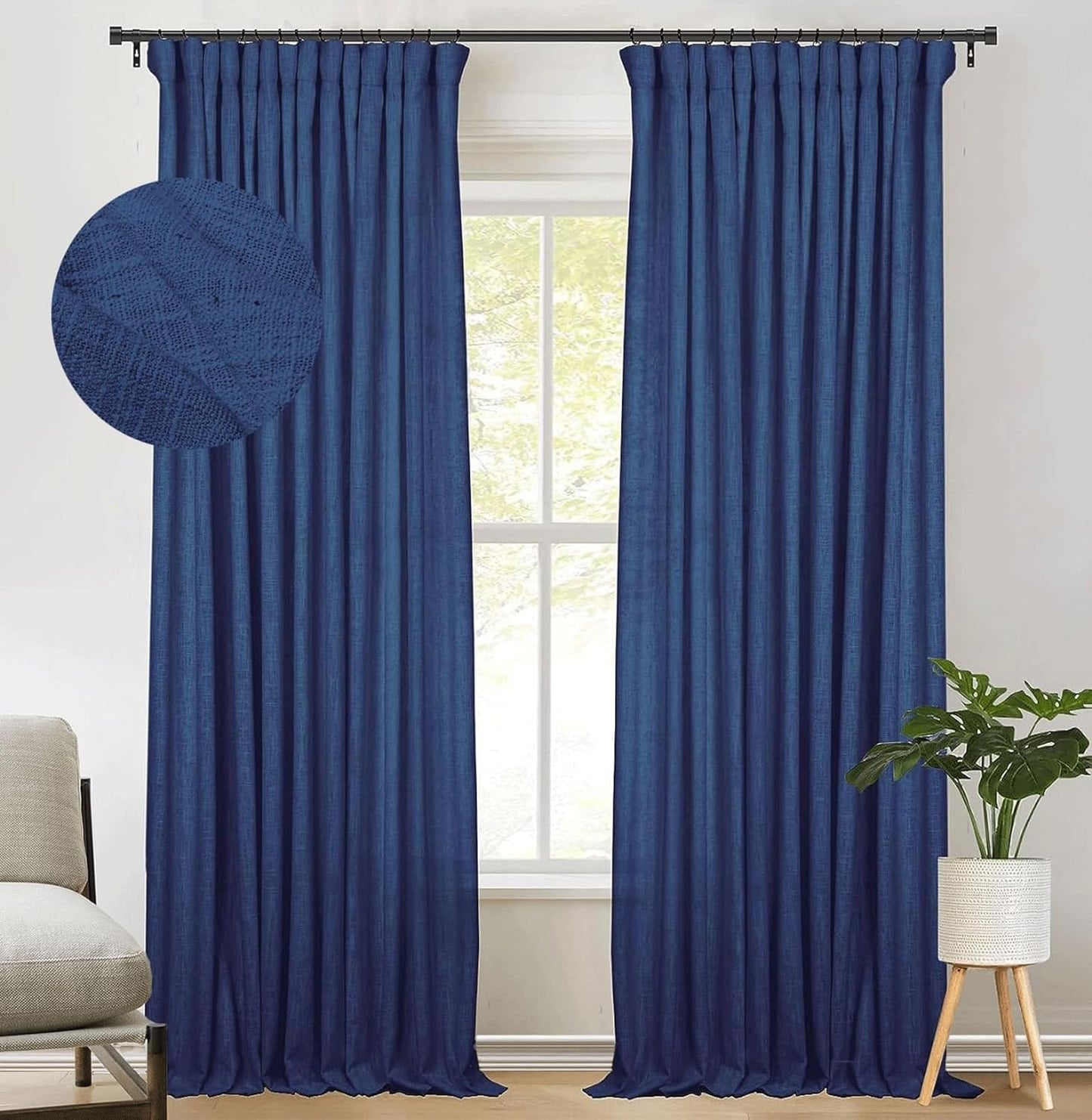 Zeerobee Beige White Linen Curtains for Living Room/Bedroom Linen Curtains 96 Inches Long 2 Panels Linen Drapes Farmhouse Pinch Pleated Curtains Light Filtering Privacy Curtains, W50 X L96  zeerobee 09 Navy 50"W X 90"L 