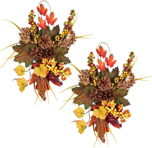 Artificial Fall Harvest Swag - Autumn Decorative Swag with Pine Cone,Maple Leaves,Grain and Berries, Wreaths and Floral Decorations Front Door Wall Decor Holiday Ornaments (2)