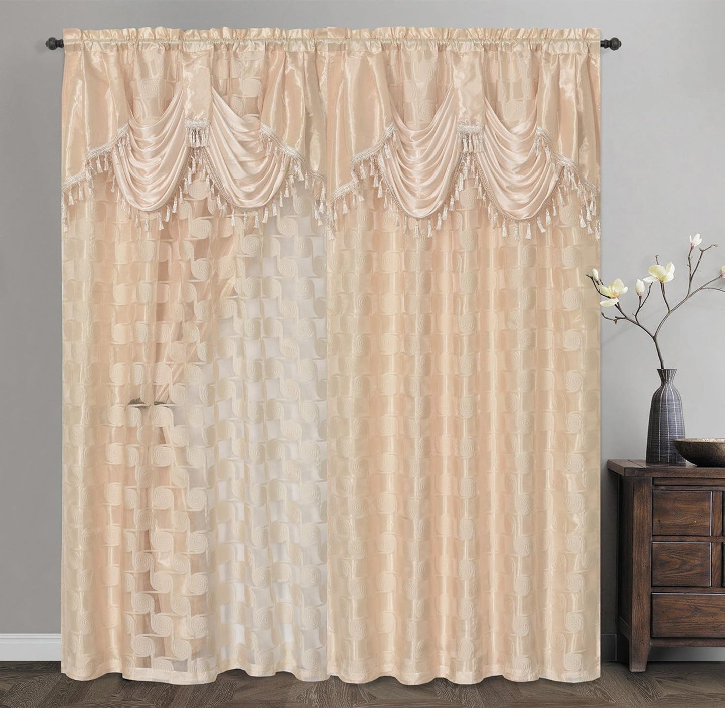 GOHD CIRCLE CYCLE. Clipped Voile. Voile Jacquard Window Curtain Drape with Attached Fancy Valance and Taffeta Backing. 2Pcs Set. Each Pc 54 Inch Wide X 84 Inch Drop + 18 Inch Valance. (COFFEE)