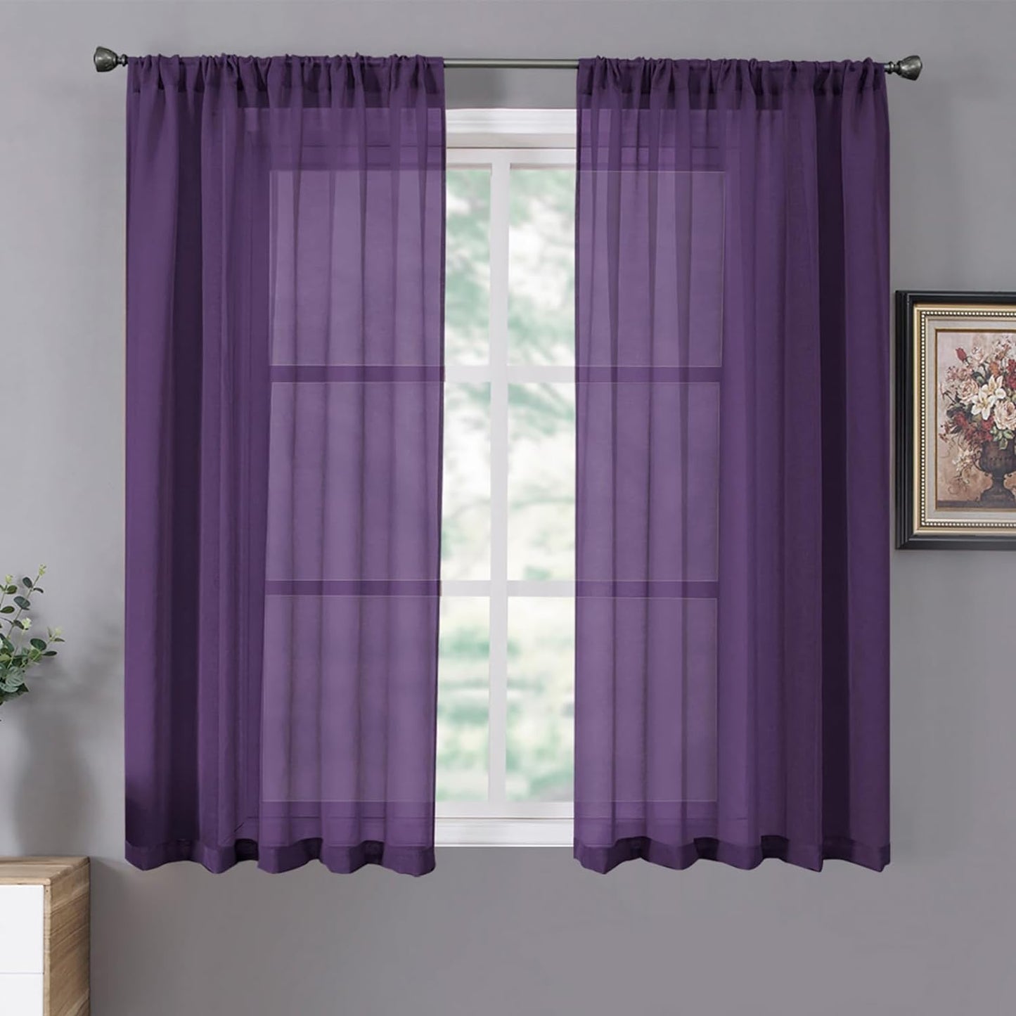 Tollpiz Short Sheer Curtains Linen Textured Bedroom Curtain Sheers Light Filtering Rod Pocket Voile Curtains for Living Room, 54 X 45 Inches Long, White, Set of 2 Panels  Tollpiz Tex Royal Purple 38"W X 45"L 