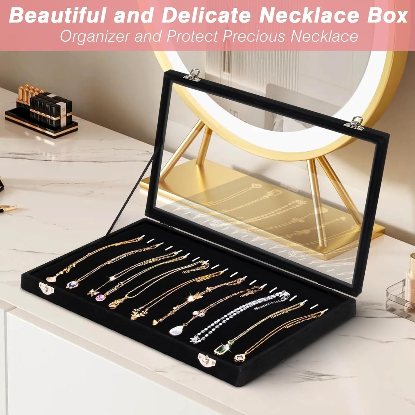 Necklace Holder Organizer, Necklace Organizer Box with Clear Lid, anti Tarnish Jewelry Hanger Storage Case, 20 Hooks Velvet Jewelry Tray for Drawer Display Bracelet Gifts Girls Women