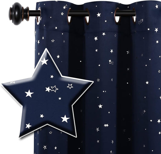 H.VERSAILTEX Blackout Star Curtains for Kids Room Boys Girls Twinkle Silver Stars Thermal Insulated Cute Thick Soft Curtain Drapes, Grommet Top, 1 Panel, 52" W X 96" L, Navy  H.VERSAILTEX Navy/Silver 52" X 63" 