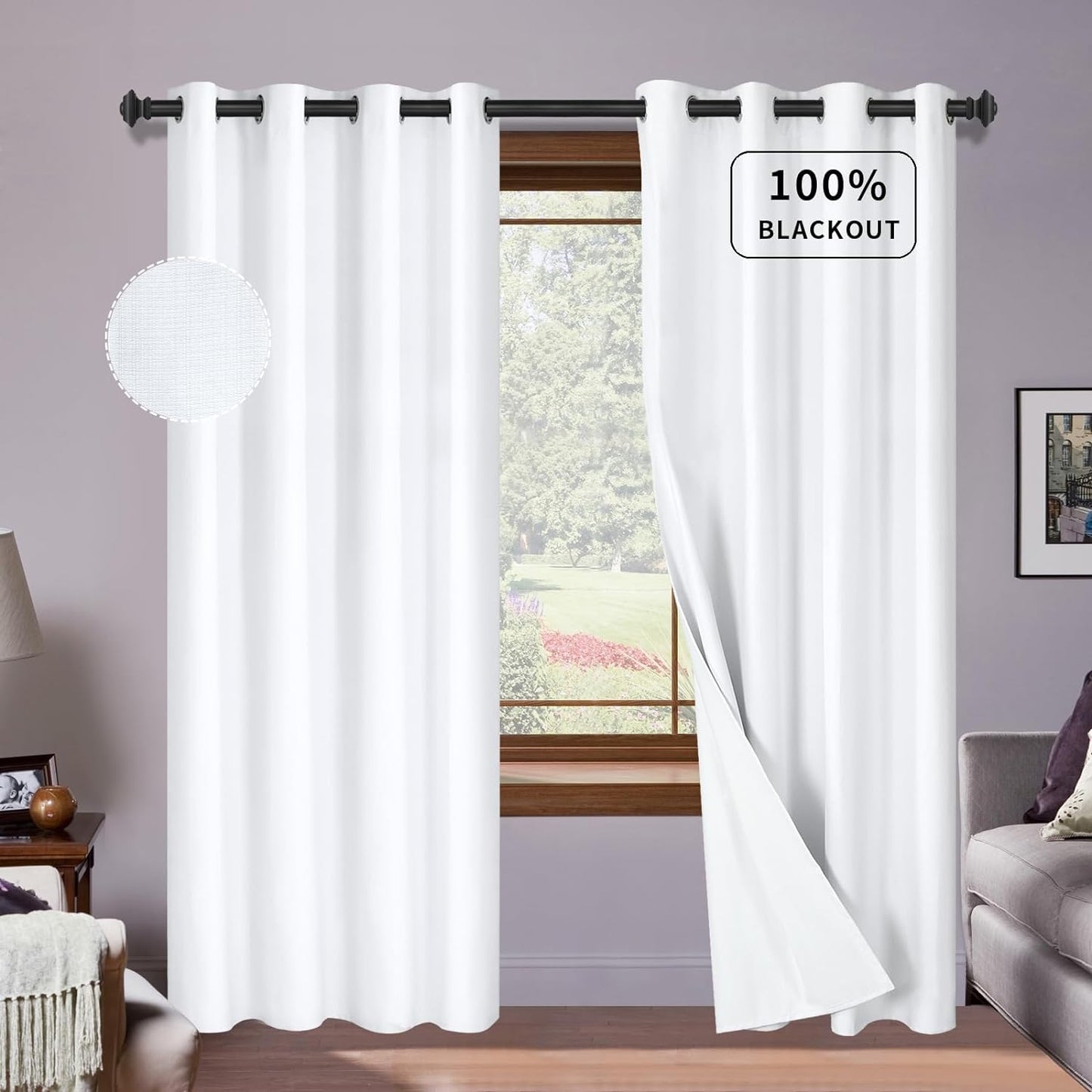 Purefit White Linen Blackout Curtains 84 Inches Long 100% Room Darkening Thermal Insulated Window Curtain Drapes for Bedroom Living Room Nursery with Anti-Rust Grommets & Energy Saving Liner, 2 Panels  PureFit White 52"W X 96"L 