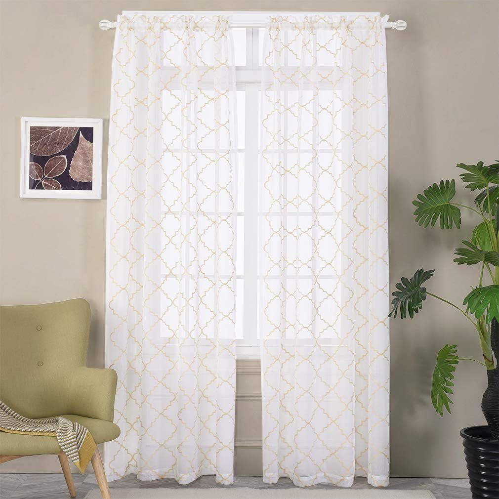 White Sheer Curtains 84 Inches Long, Rod Pocket Sheer Drapes for Living Room, Bedroom, 2 Panels, 52"X84", Embroidered Moroccan Tile Lattice Design Semi Voile Window Treatments for Yard, Patio, Villa.  Mystic Home Trellis Beige 52"Wx84"L 
