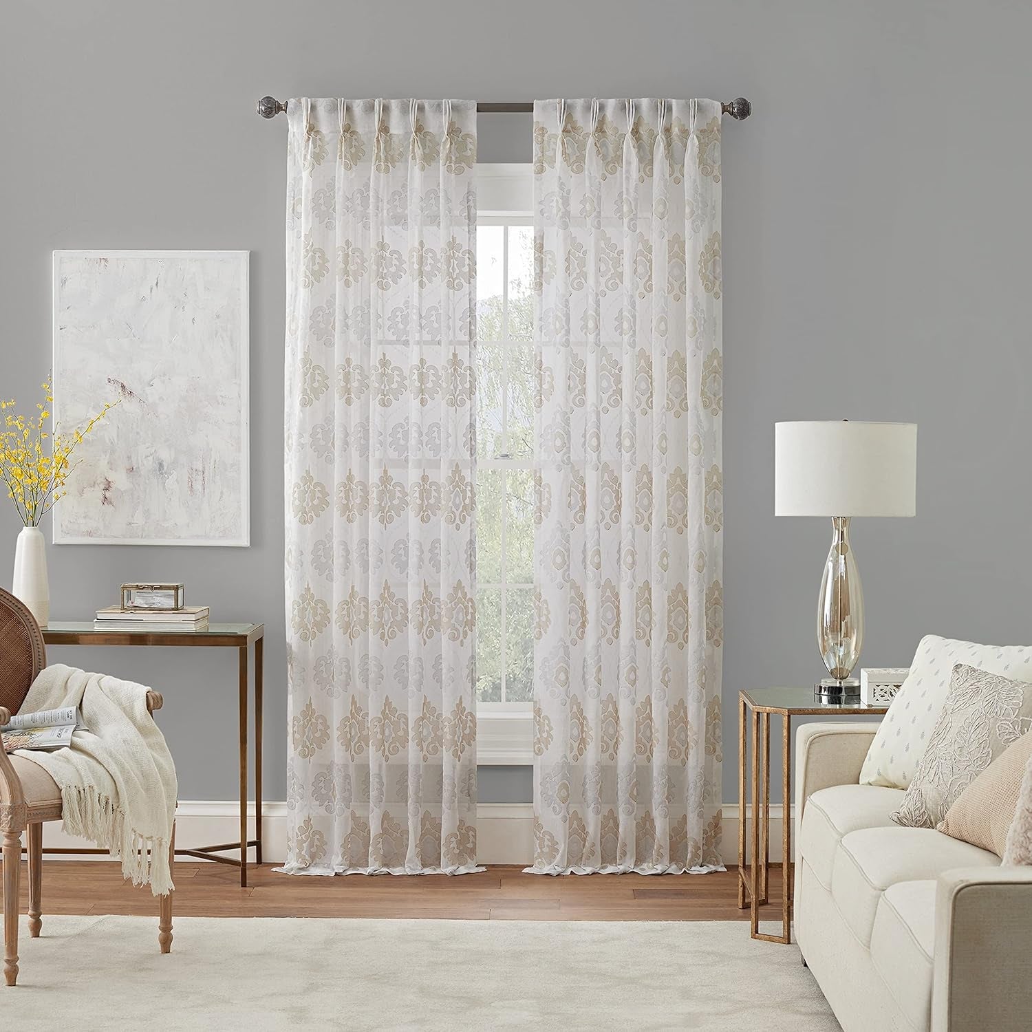 Waverly Velero Embroidered Pinch Pleated Back Tab Sheer Window Curtain for Living Room (1 Panel), 25 in X 84 In, White  Keeco LLC White 25 In X 63 In 