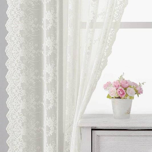 Kotile Vintage Lace Curtains Ivory/Cream - Tulle Branch Floral Embroidery Lace Sheer Curtains 84 Inch Length for Living Room, Scalloped Lace Curtain Panels for Windows, 52 X 84 Inch, 2 Panels, Ivory  Kotile Textile Ivory 52 In X 84 In (W X L) 