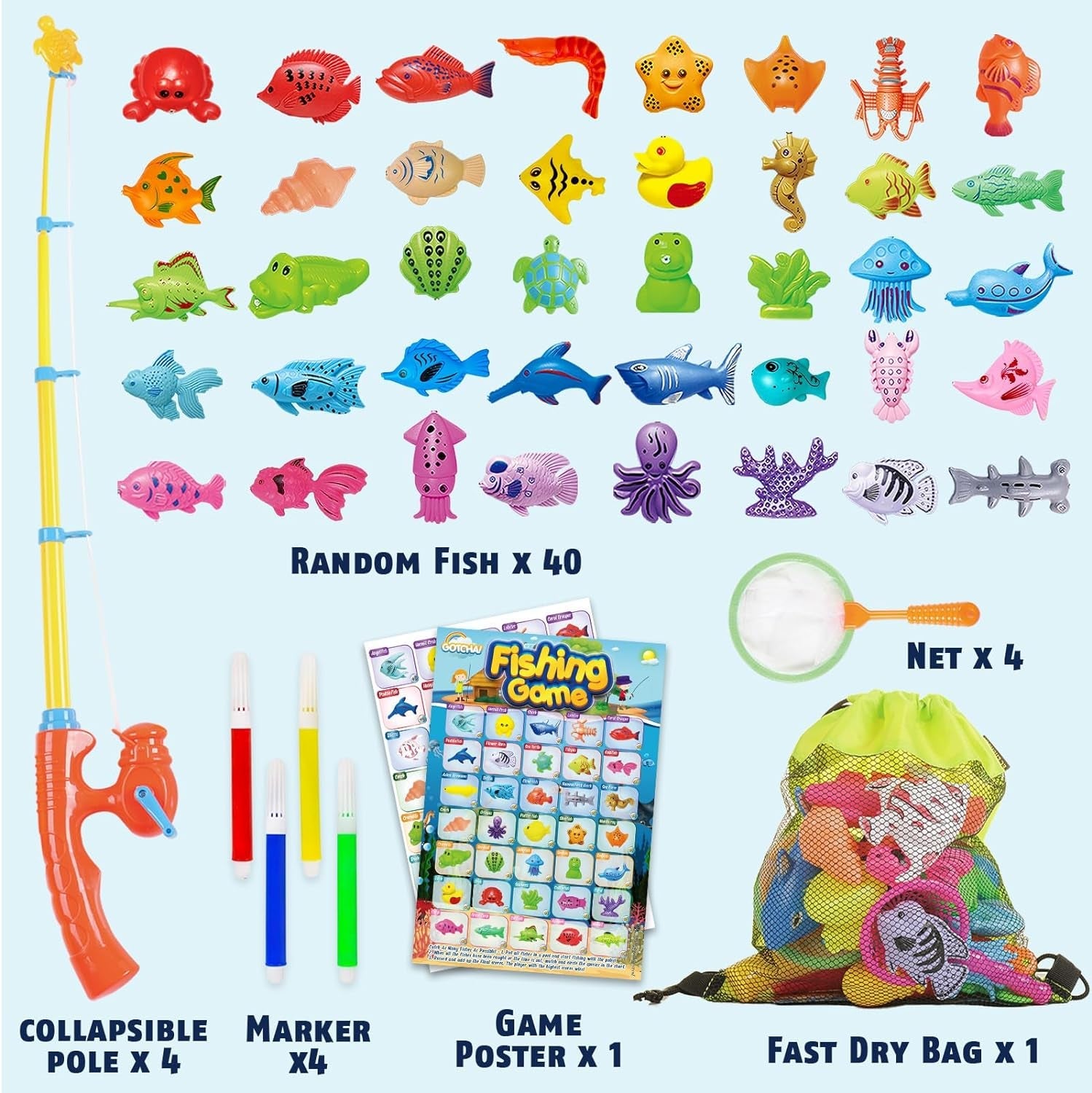 Cozybomb™ Magnetic Fishing Toys Game Set for Kids | Water Table Bathtub Kiddie Pool Party with Pole Rod Net, Plastic Floating Fish-Toddler Color Ocean Sea Animals Age 3 4 5 6 Year Fishingtoy