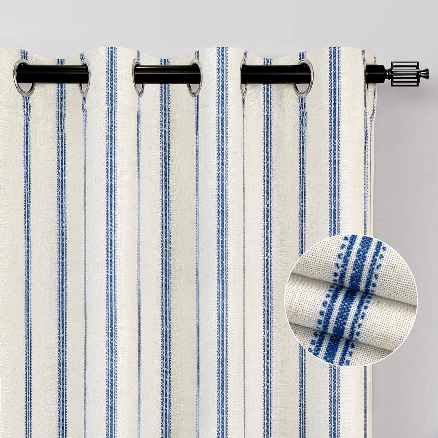 Driftaway Farmhouse Linen Blend Blackout Curtains 84 Inches Long for Bedroom Vertical Striped Printed Linen Curtains Thermal Insulated Grommet Lined Treatments for Living Room 2 Panels W52 X L84 Grey  DriftAway Navy 52"X96" 