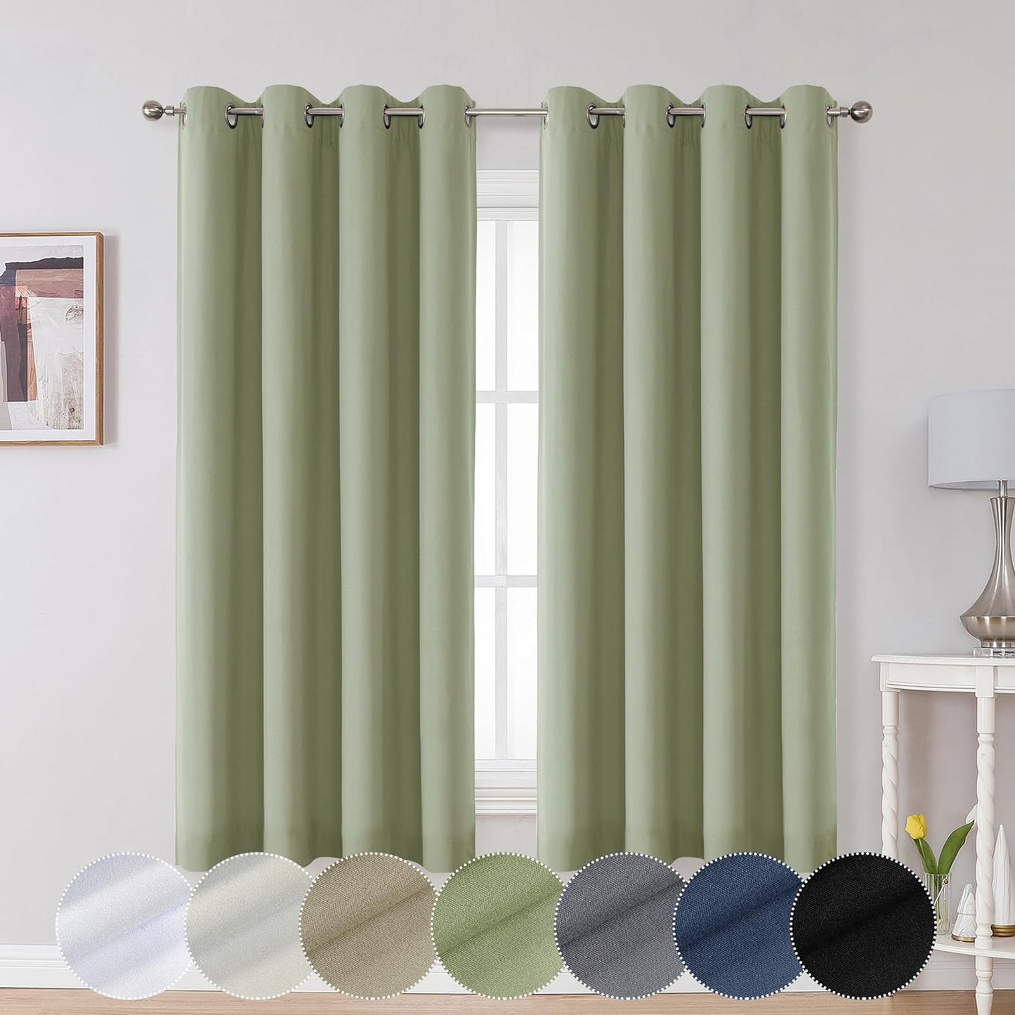 OWENIE Maya 100% Blackout Curtains 84 Inch Length 2 Panels Set, Greyish White Solid Heavy Thermal Insulated Grommets Curtains for Bedroom & Living Room, 2 Panels (Each 52 W X 84 L,Greyish White)  OWENIE Sage Green 52W X 63L 