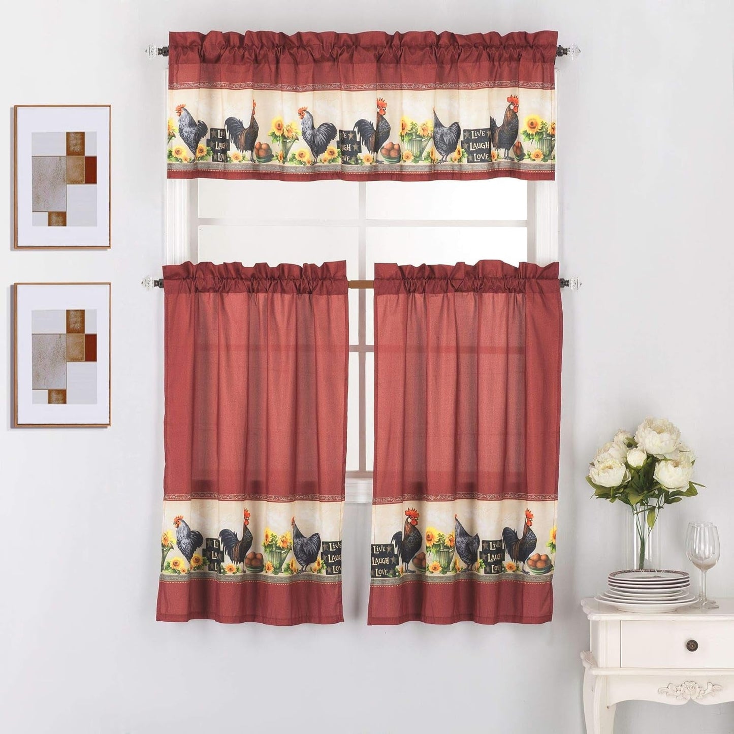 3 Piece Kitchen Window Curtain Panel Tiers and Valance Set (36" Tiers Set, Live Love Laugh Gray)