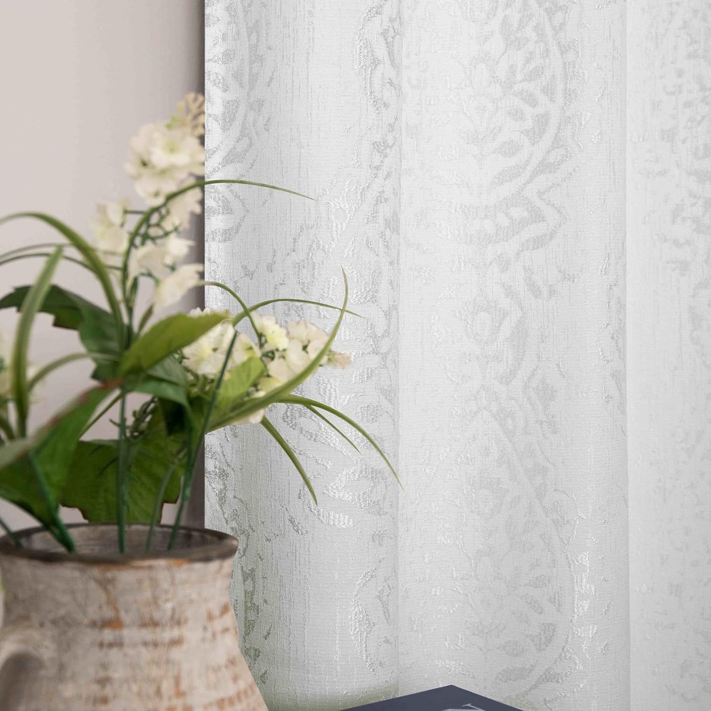 Off White Curtains 84 Inches Long for Bedroom Grommet Tone on Tone Design 3D Jacquard Embossed Damask Moroccan Pattern 50% Blackout Drapes for Living Room 84 Inch Length 2 Panels Set Cream  MRS.NATURALL TEXTILE Ivory 52X84 