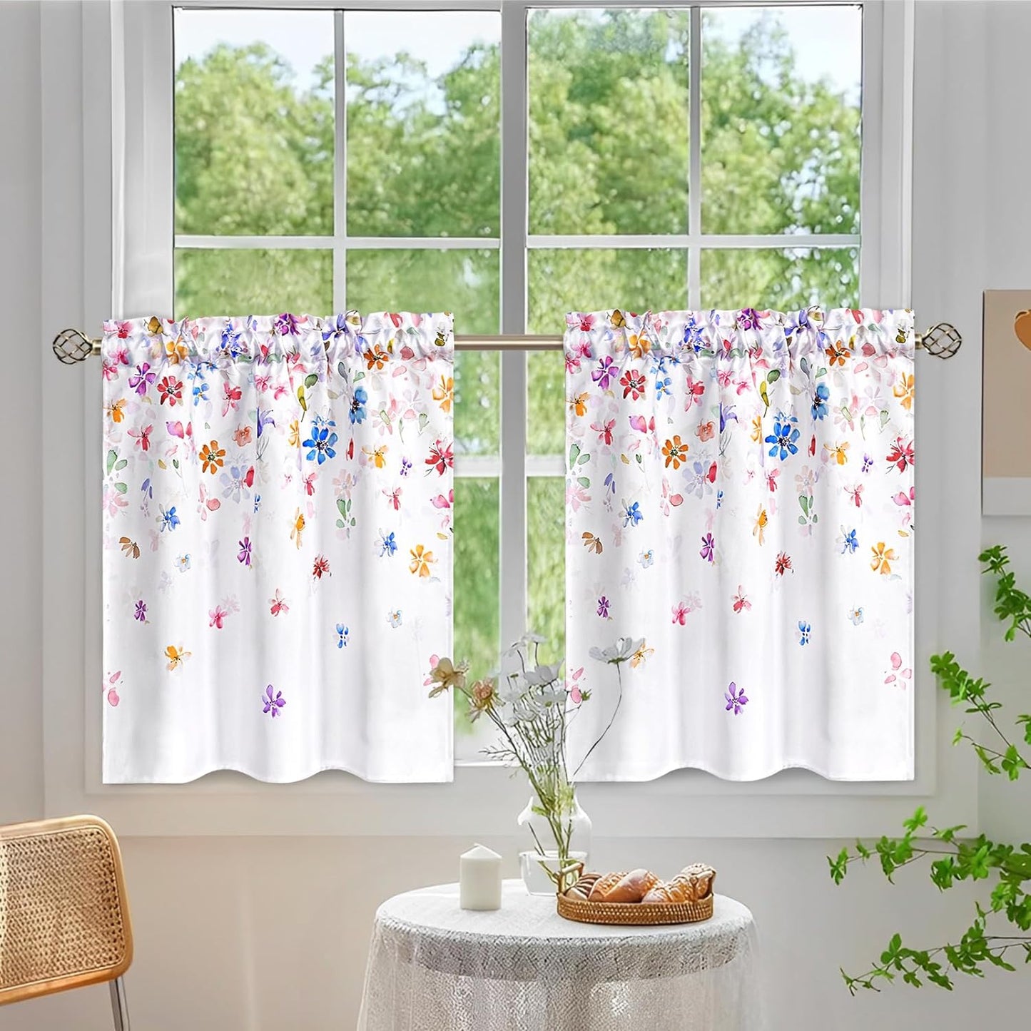FRAMICS Floral Window Curtains for Living Room Floral Curtains 63 Inch Length 2 Panels Colorful Flowers Curtains for Bedroom Light Filtering Rod Pocket Curtains, 52" W X 63" L  FRAMICS White 26"W X 24"L 